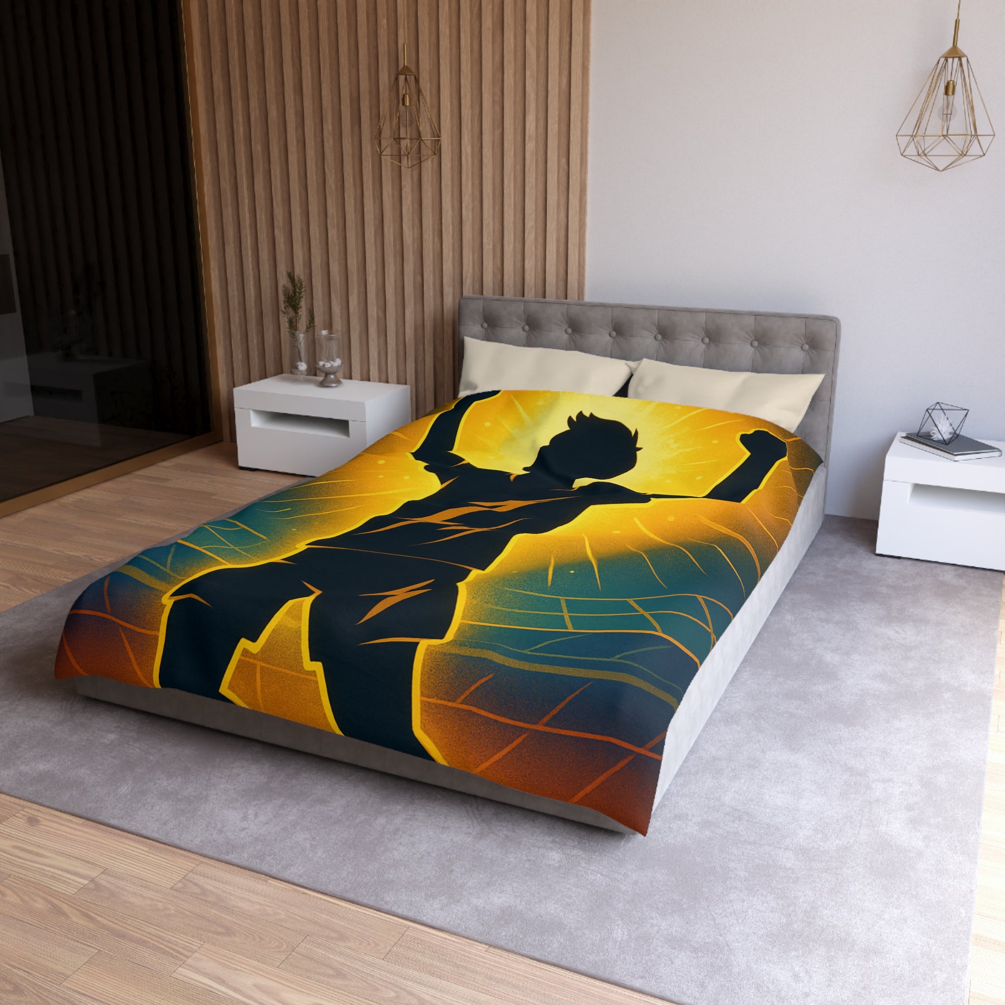 Housse de couette silhouette sportive avec éclair vibrant et fond lumineux unique