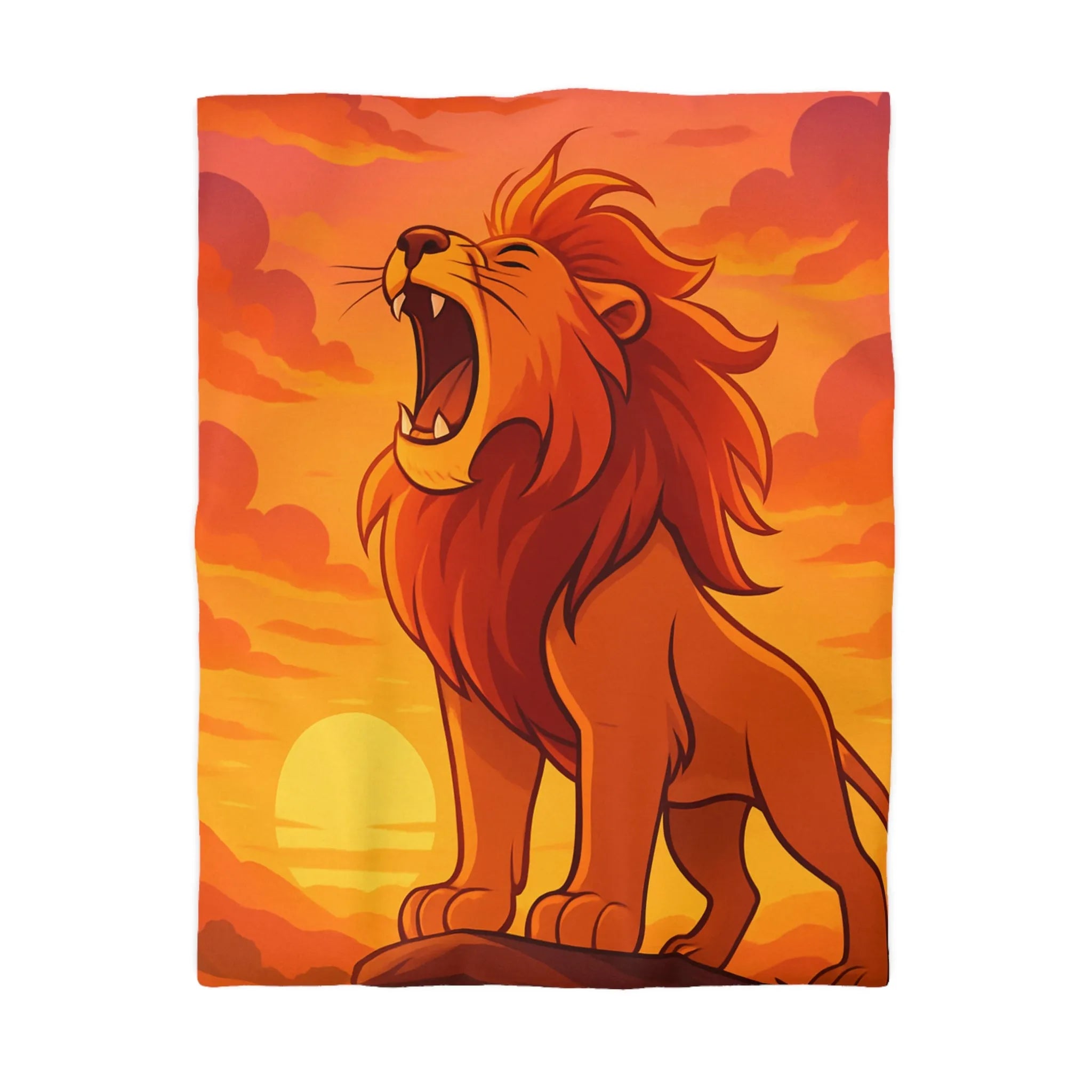 Housse de couette illustrée lion majestueux sur fond de coucher de soleil vibrant