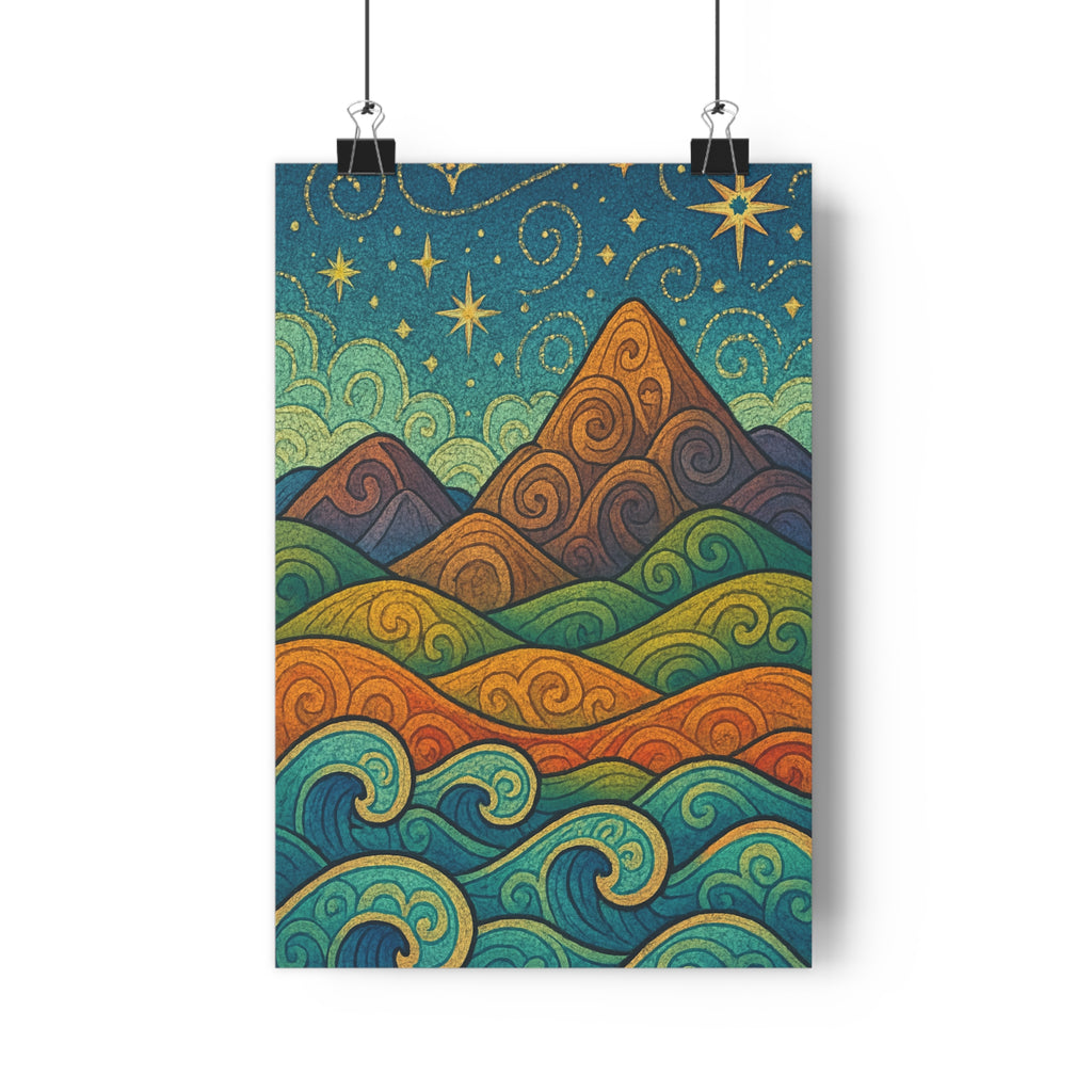 Poster décoratif cartoon paysage épique bleu vert orange ciel étoilé salon chambre dynamique fantaisie