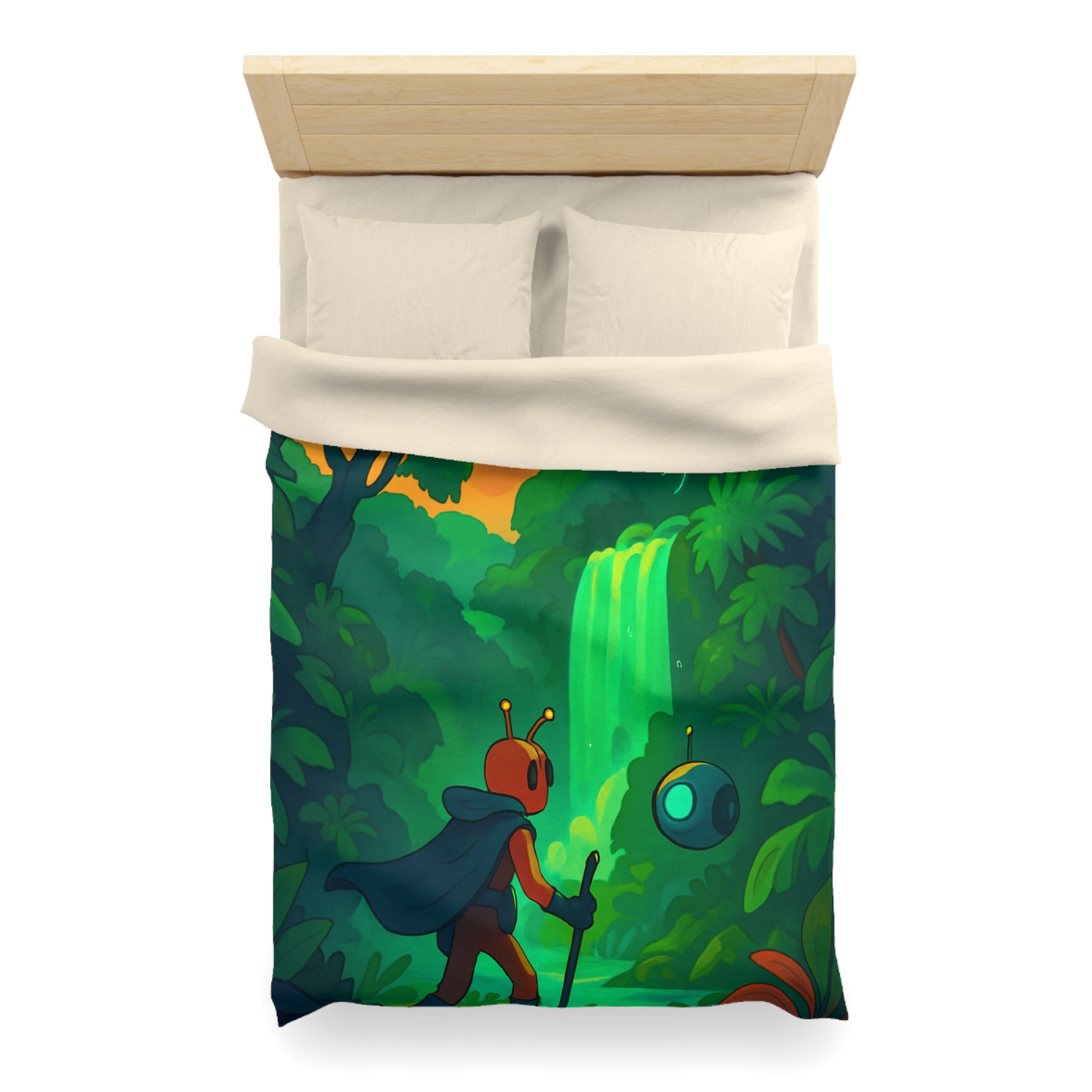 Housse de couette vibrante avec paysage extraterrestre mystérieux et personnage aventurier