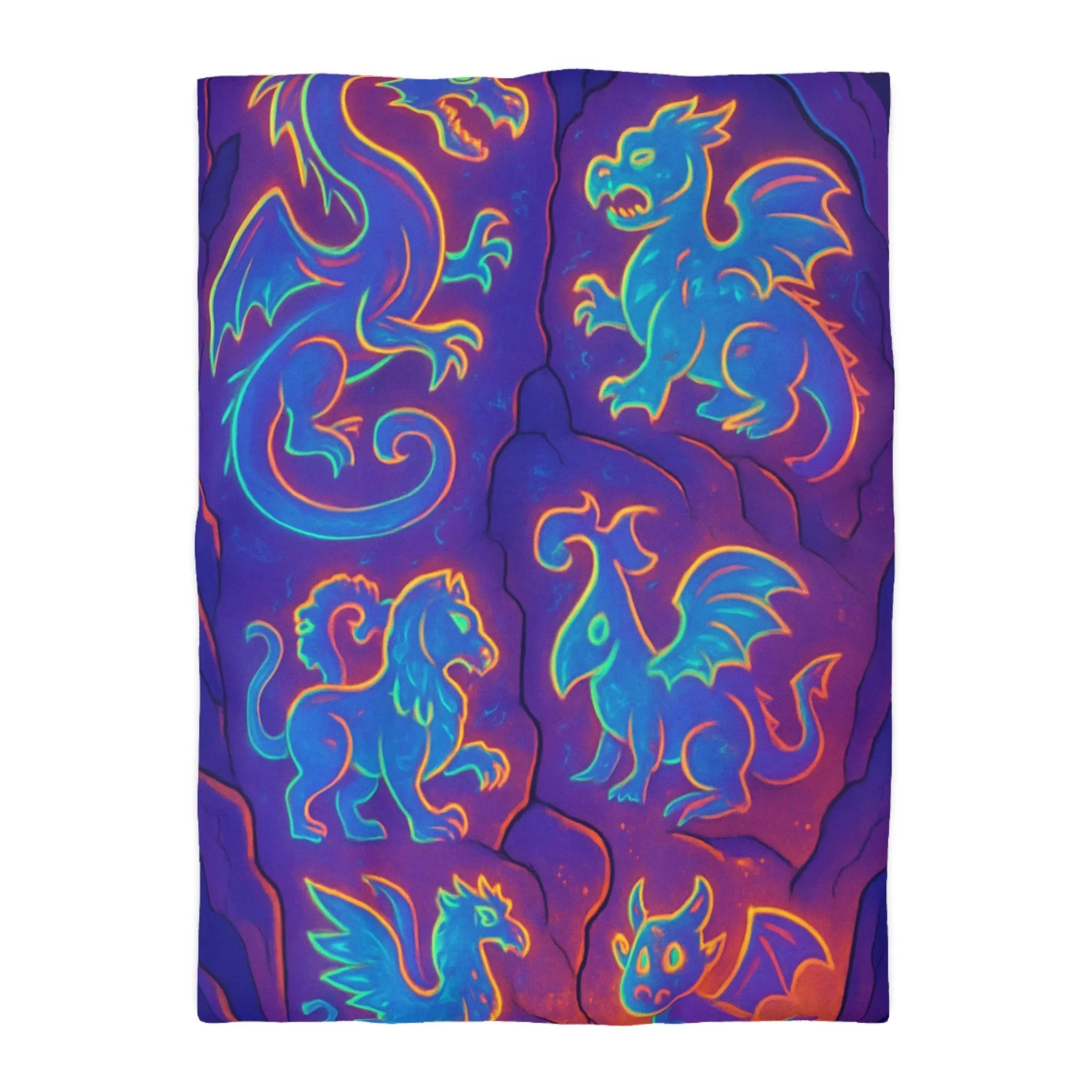 Housse de Couette Fantastique avec Dragons Lumineux en Style Néon Bleu et Orange