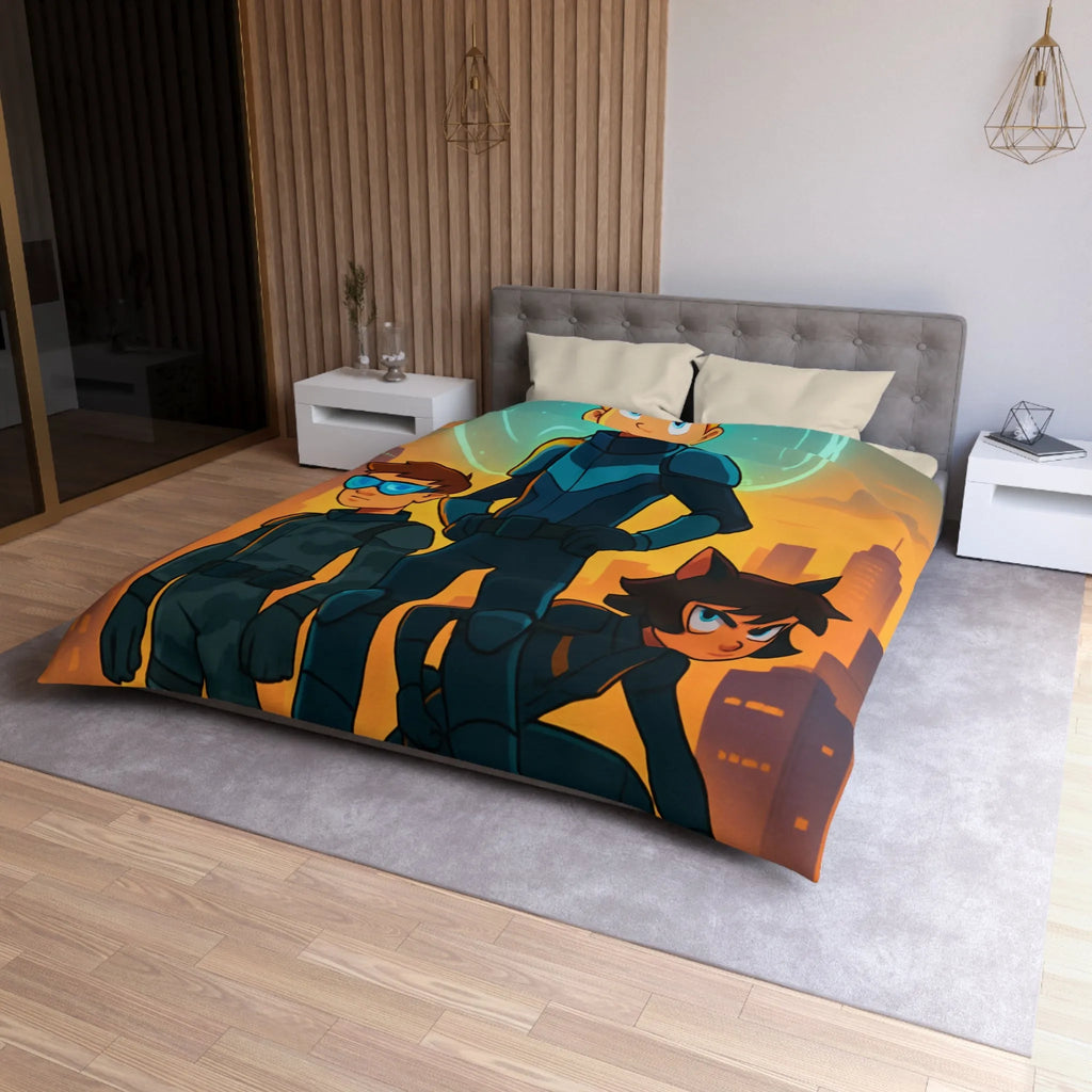 Ensemble d'aventure animé avec enfants héros sur fond urbain au crépuscule