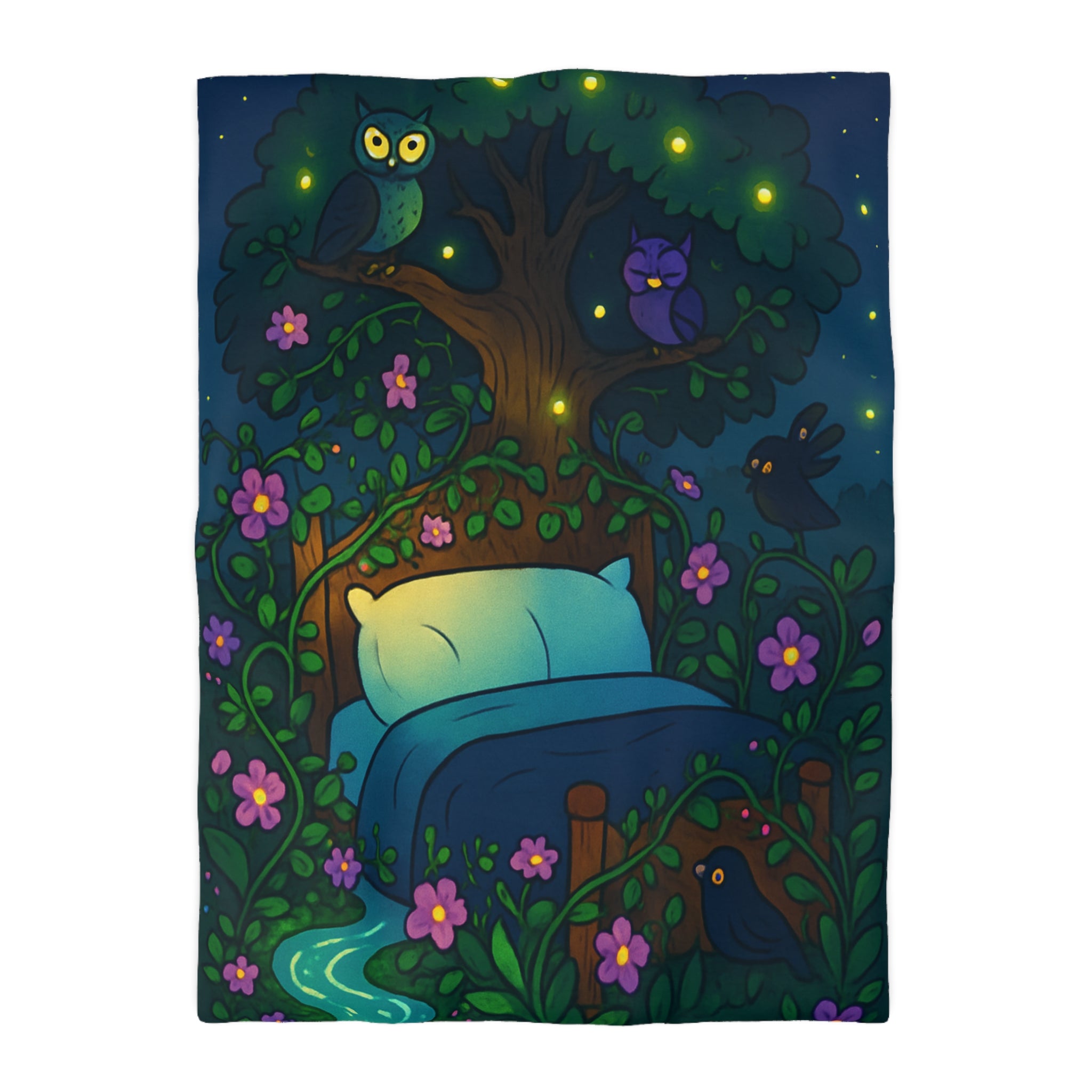 Rêve magique dans une forêt nocturne avec lit et cours d'eau enchanté