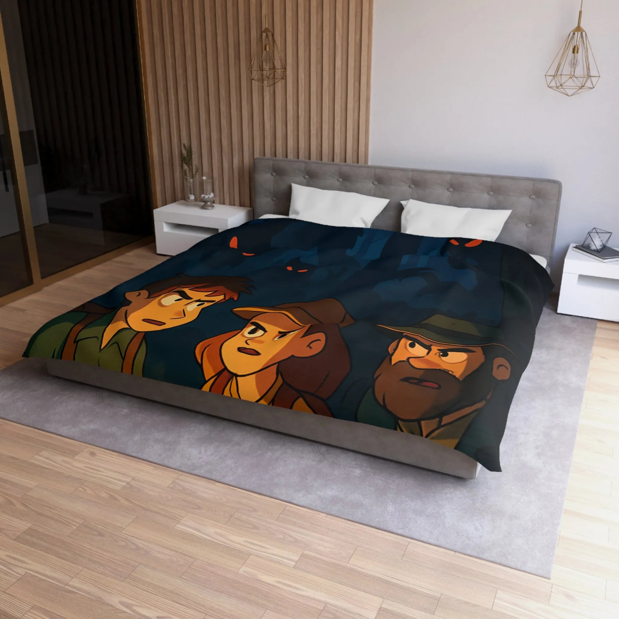 Housse de Couette Forêt Enchantée Nocturne avec Aventuriers et Créatures Mystiques Illustrée