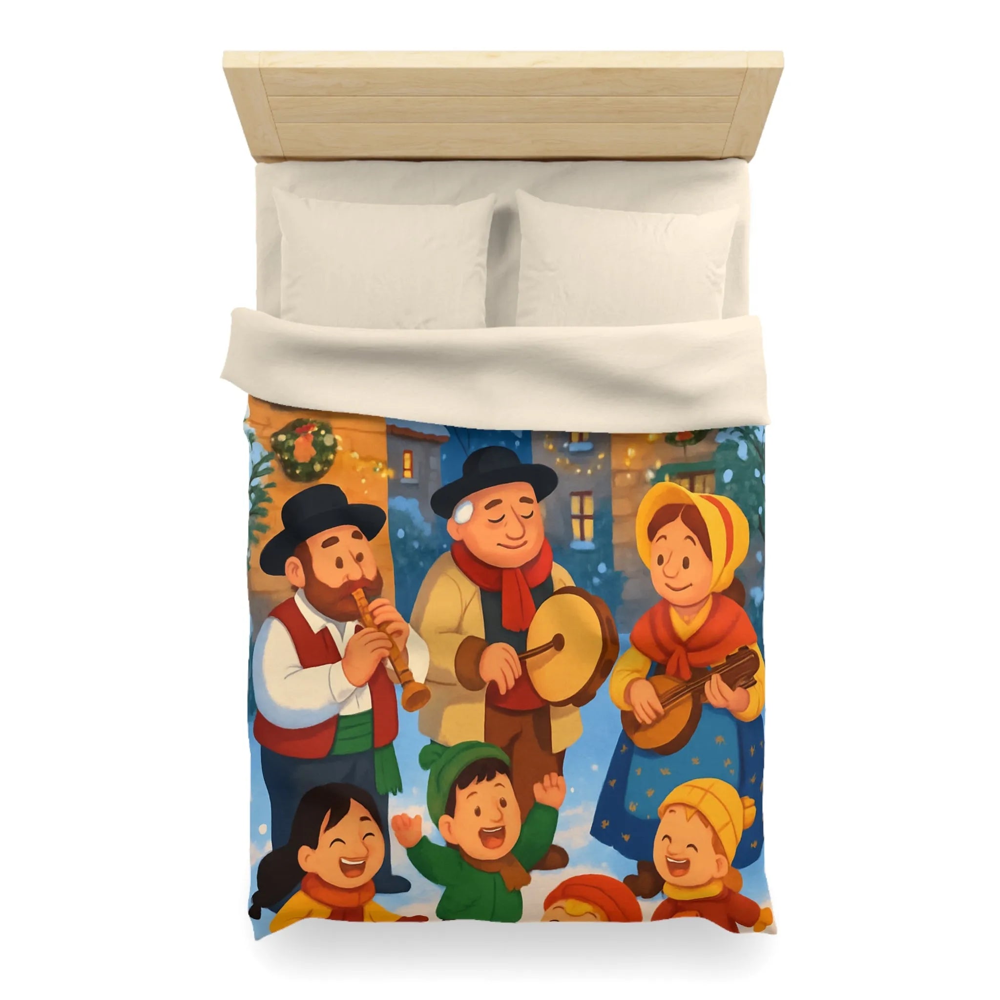 Housse de couette festive avec village enneigé et musiciens pendant l’hiver joyeux