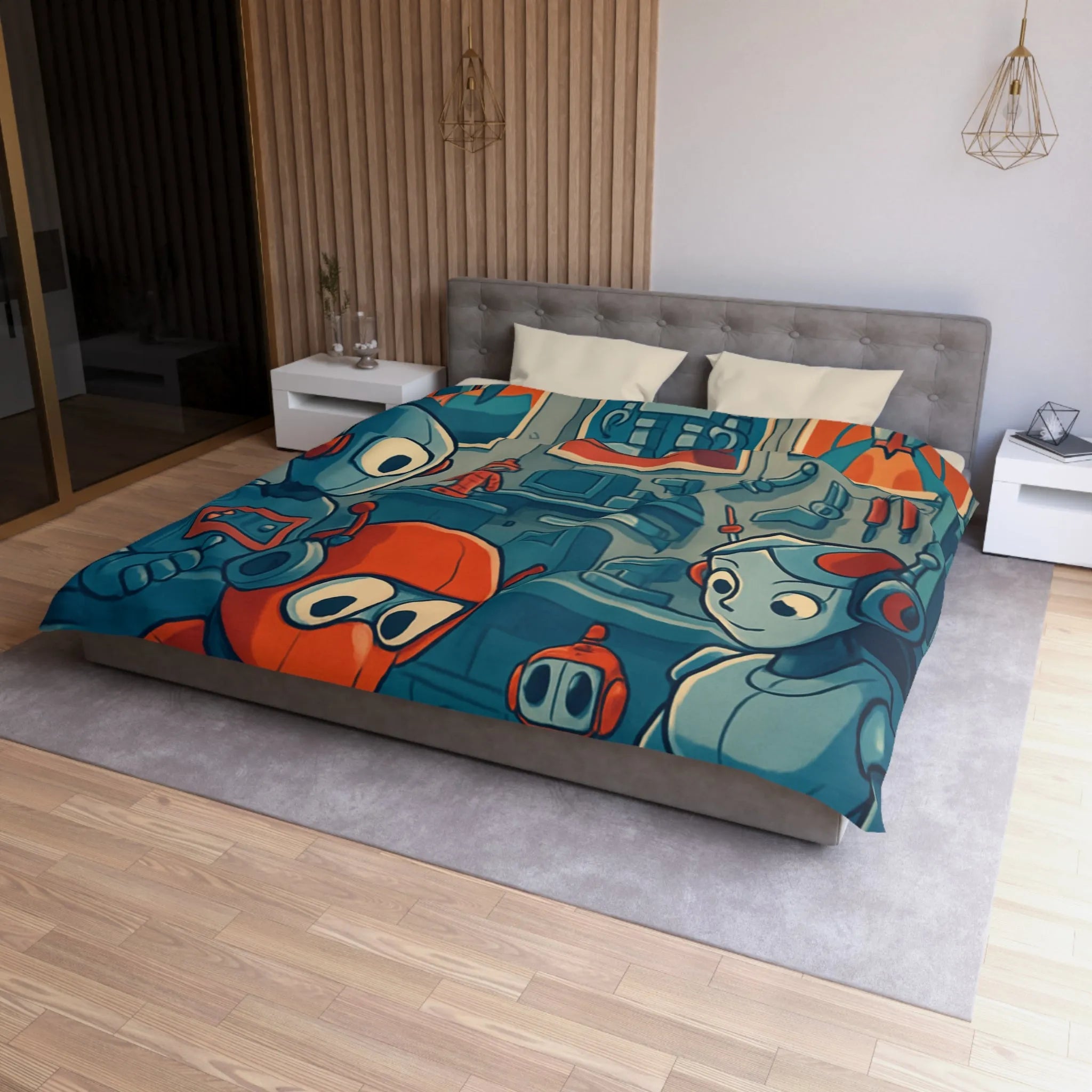 Housse de Couette Adorable Atelier de Robots pour Enfants au Look Rétro Futuriste