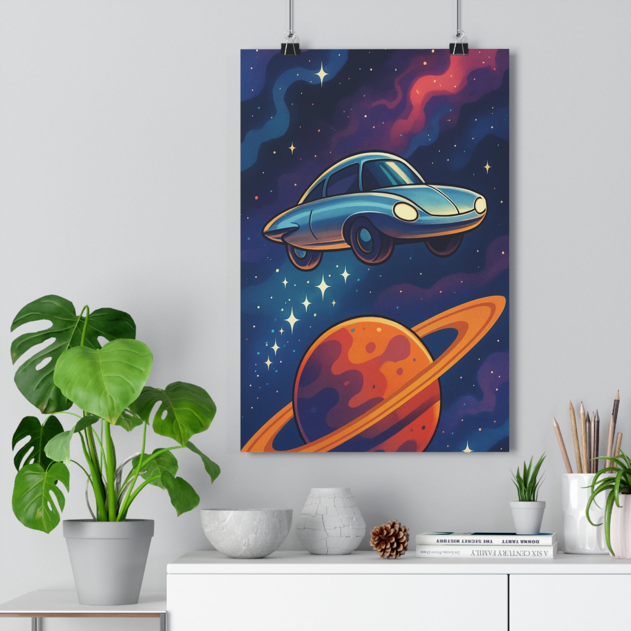 Poster décoratif coloré animé bleu orange chambre enfant espace fantaisie étoiles voiture planète aventure