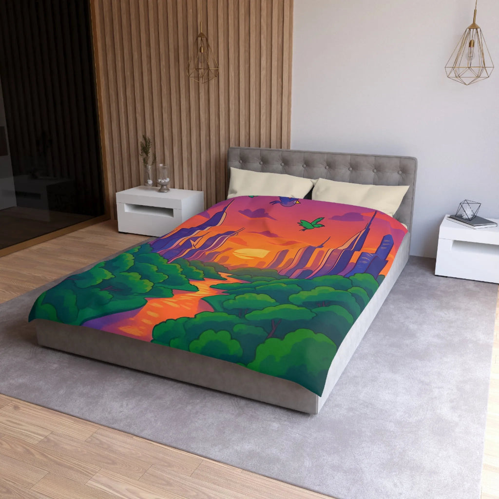 Housse de couette avec illustration urbaine et naturelle au coucher du soleil envoûtant