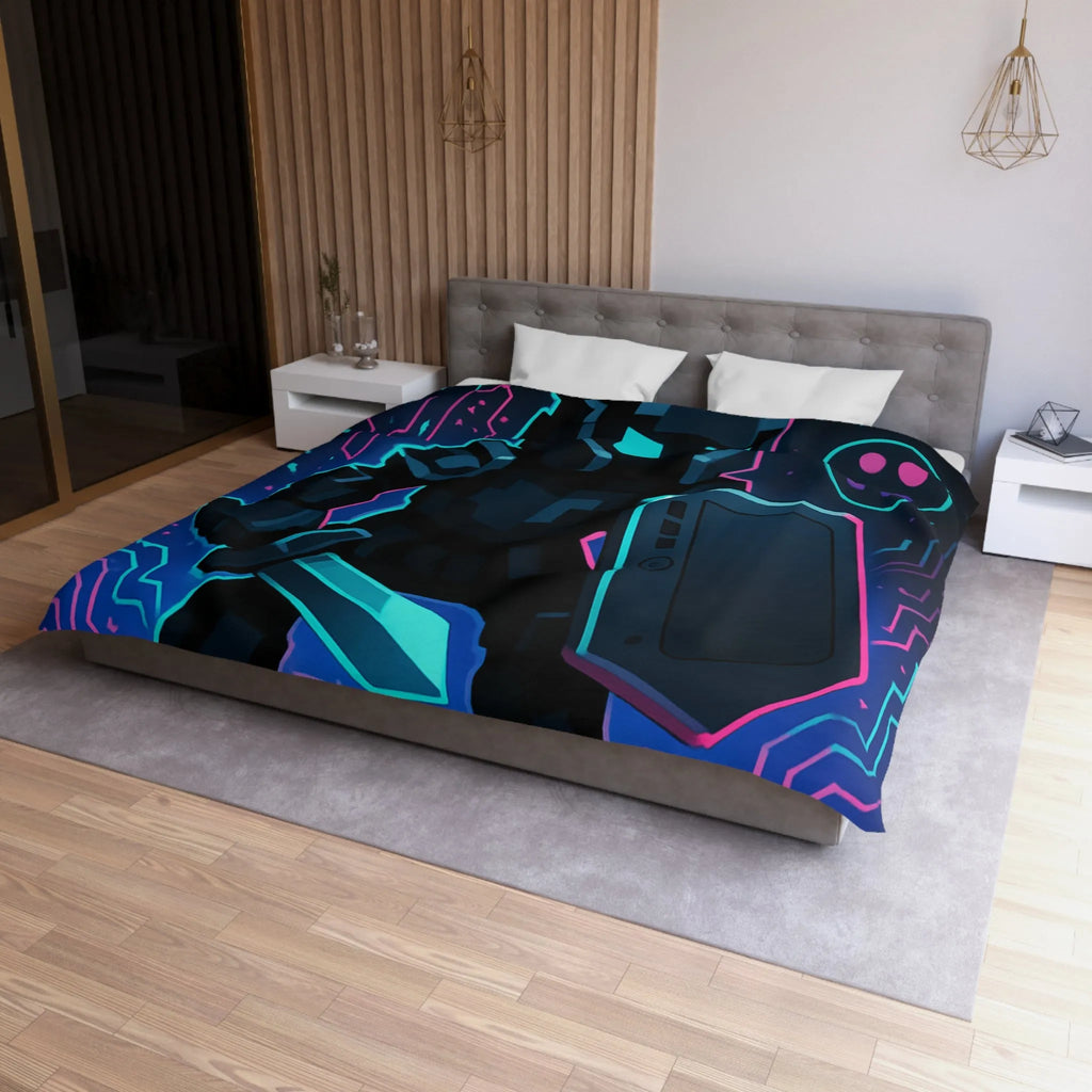 Housse de Couette avec Guerrier Pixel Art et Éléments Numériques Lumineux Nocturnes