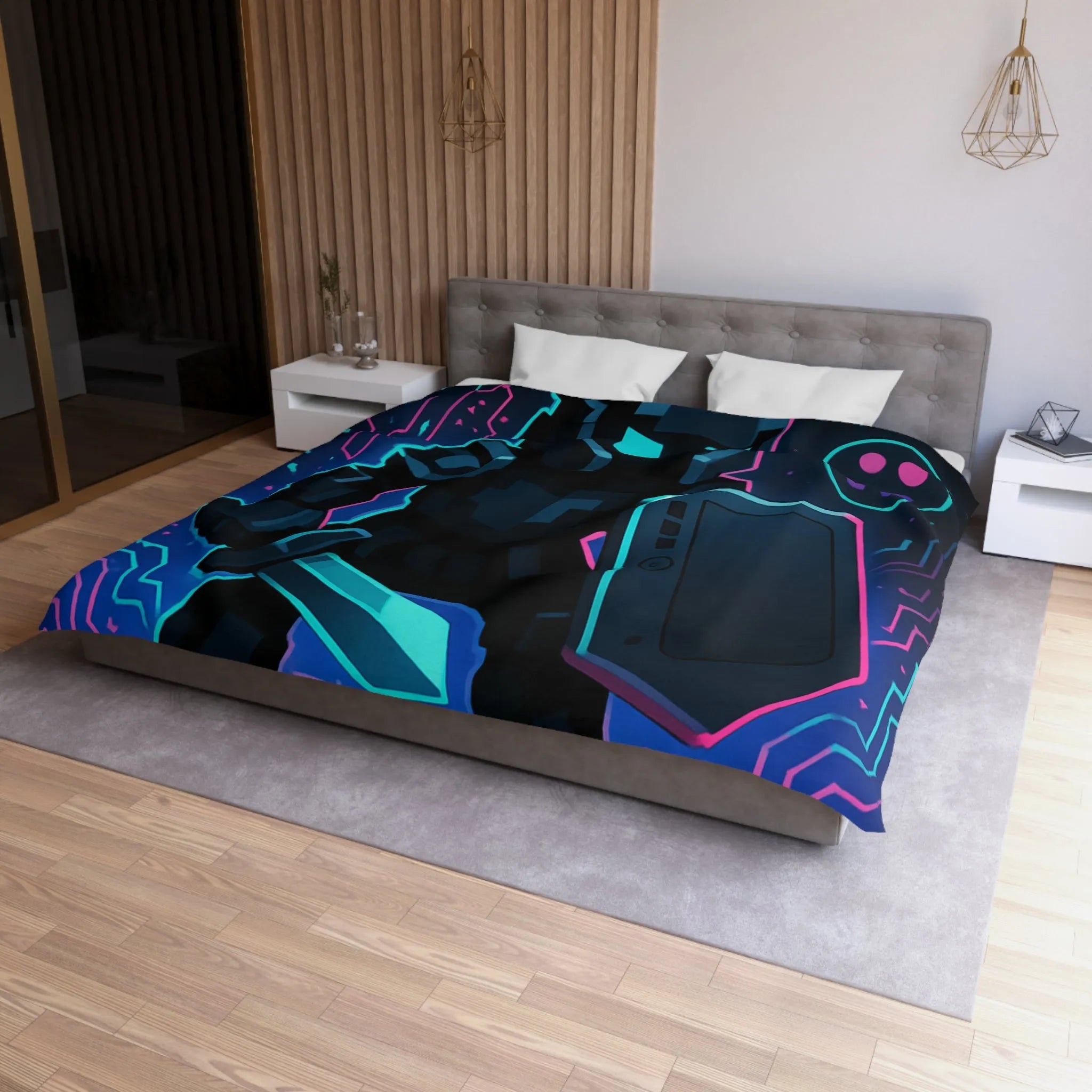 Housse de Couette avec Guerrier Pixel Art et Éléments Numériques Lumineux Nocturnes