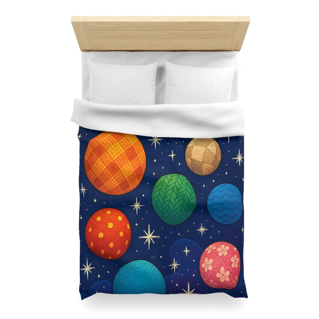 Housse de couette colorée avec planètes texturées, étoiles brillantes et nébuleuse mystique