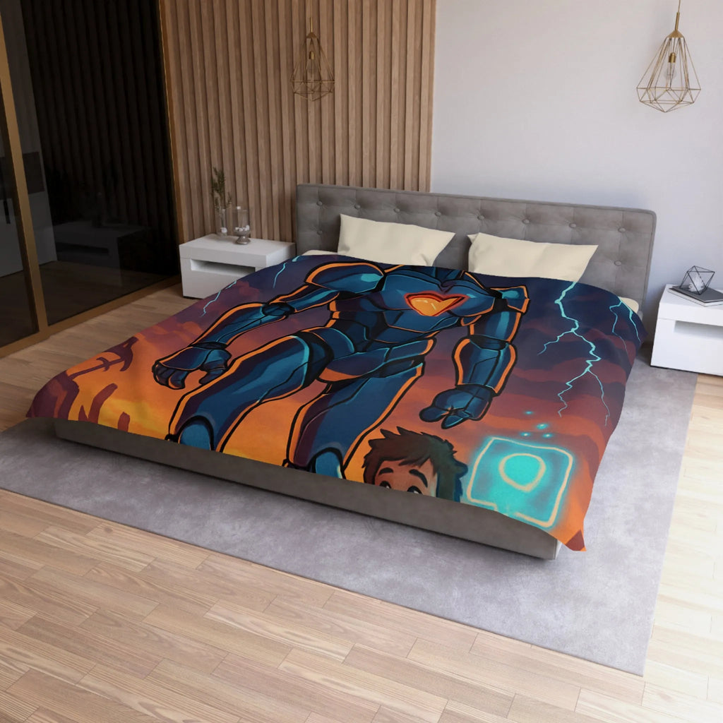 Housse de couette illustrée robot et enfant avec cœur lumineux et ciel orageux