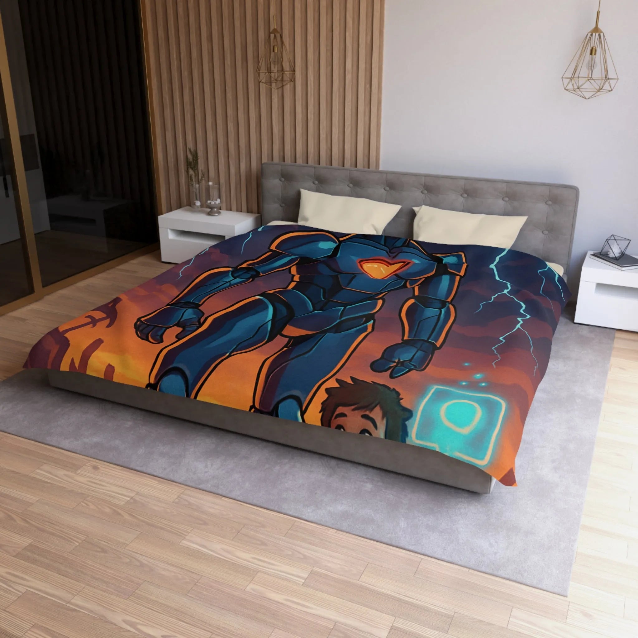 Housse de couette illustrée robot et enfant avec cœur lumineux et ciel orageux