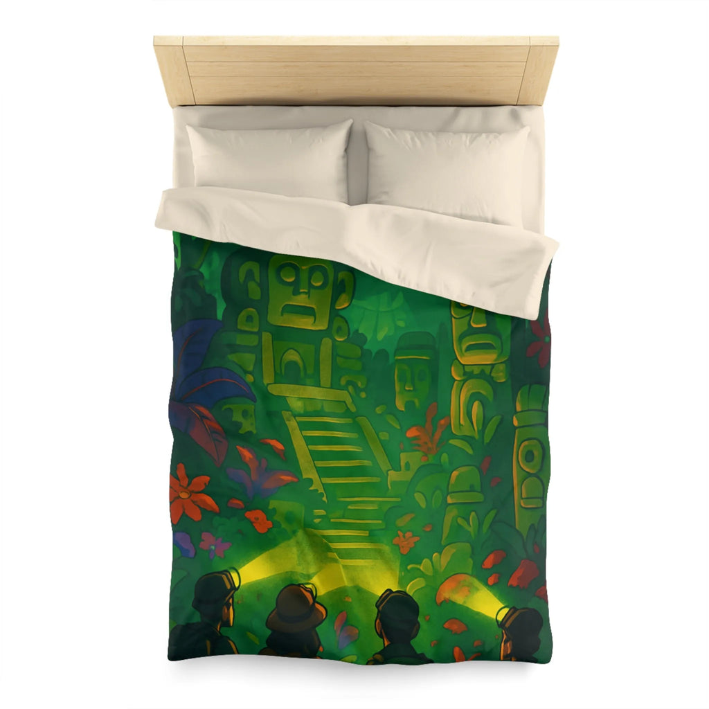Housse de couette forêt tropicale avec statues anciennes, parfait pour les explorateurs nocturnes