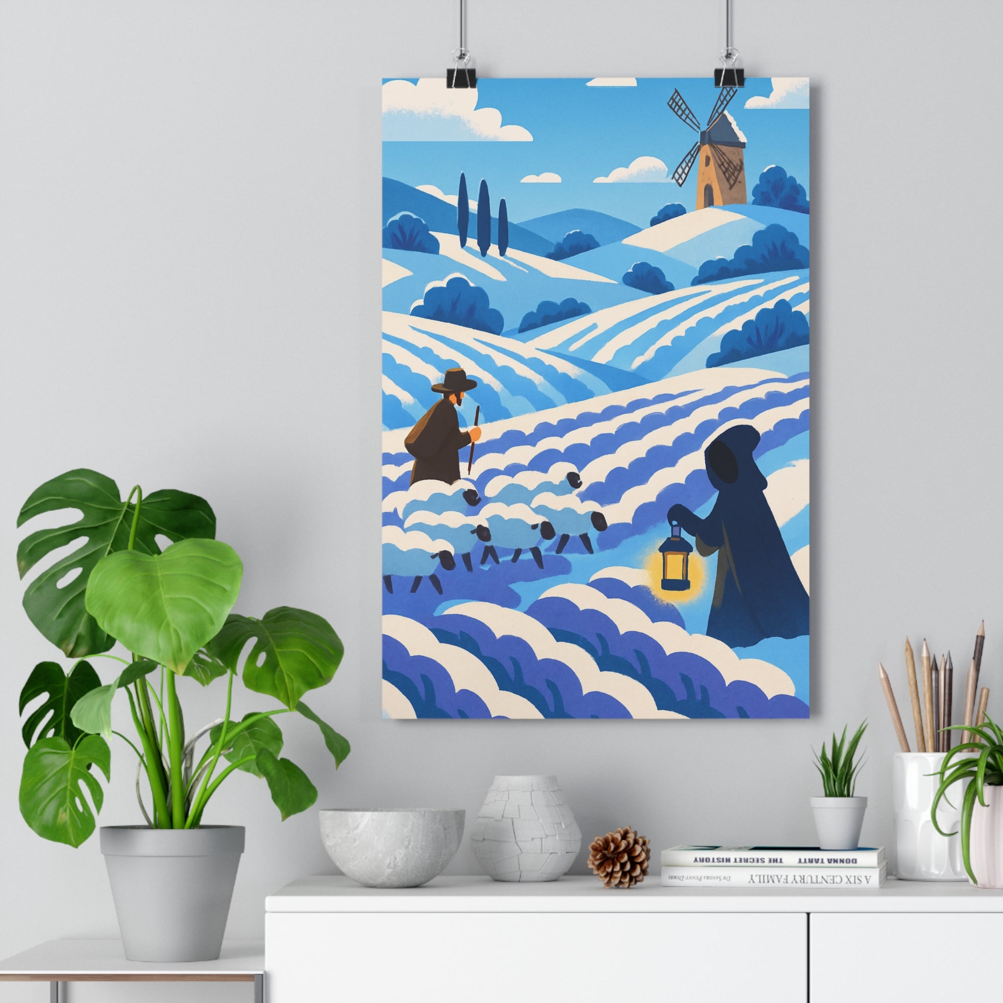 Poster décoratif paysage hiver pastel provençal berger féérique salon chambre doux rêveur ambiance paisible