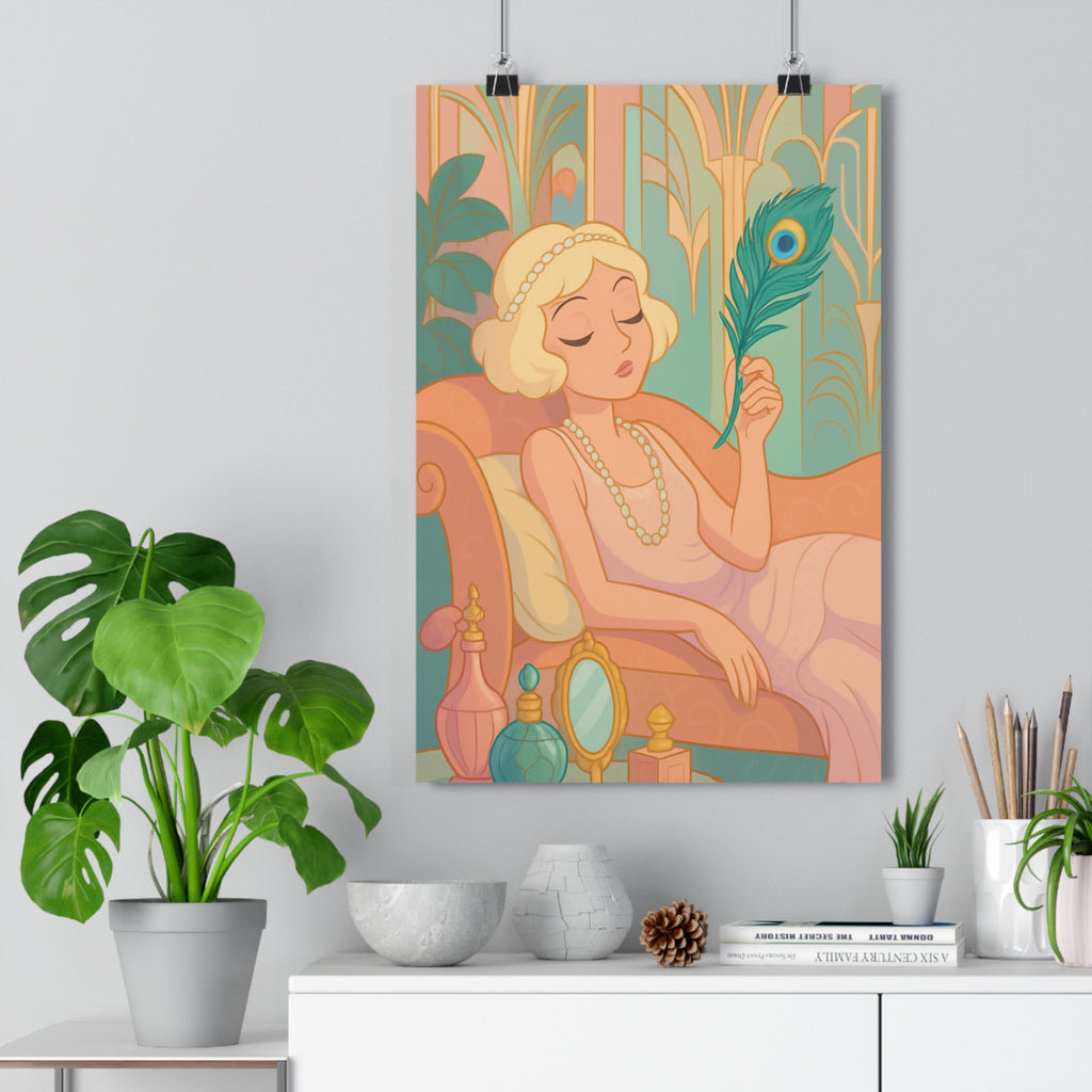 Poster décoratif art déco pastel rose vert salon chambre élégant vintage féminin perles plume