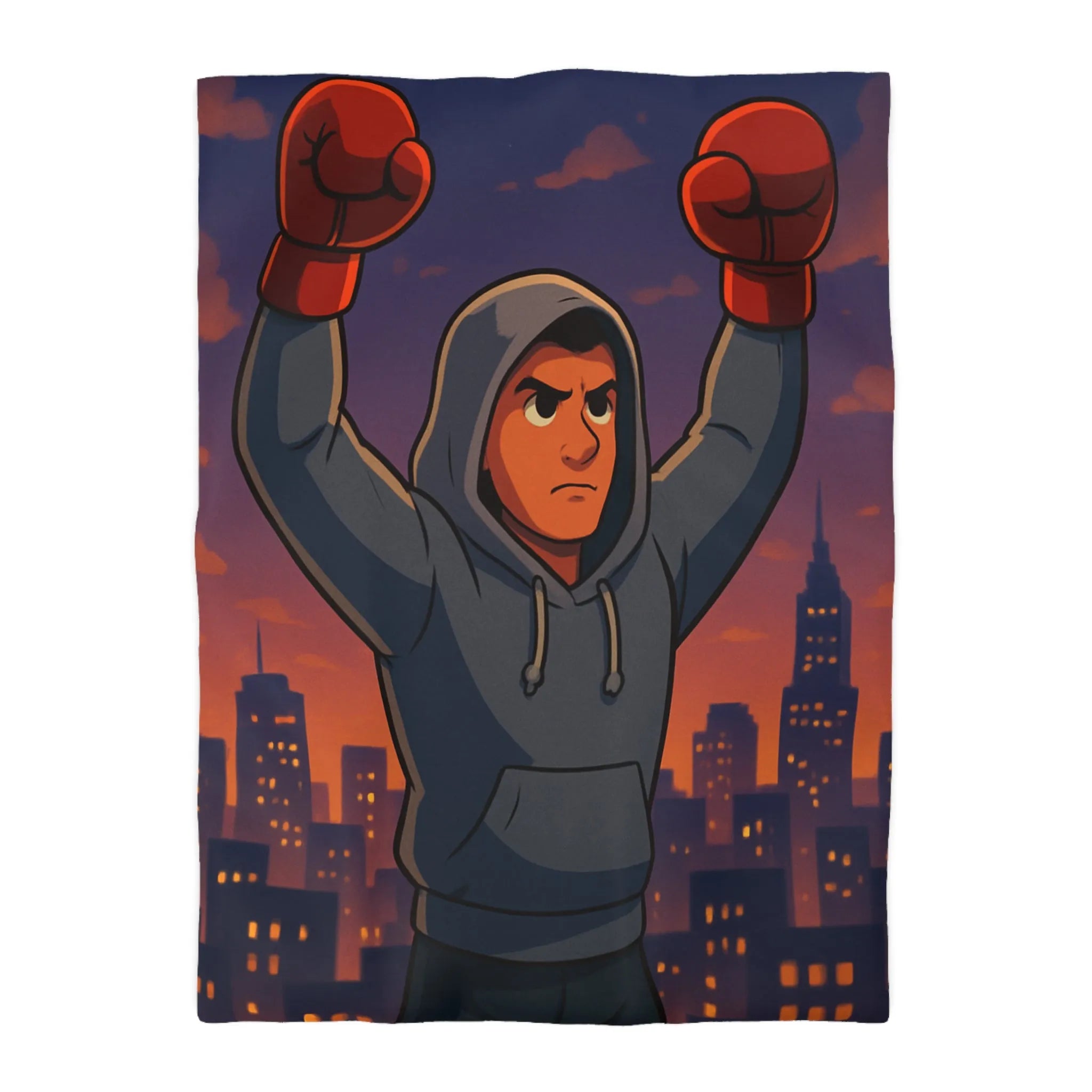 Housse de couette avec boxeur déterminé sous ciel de crépuscule en ville