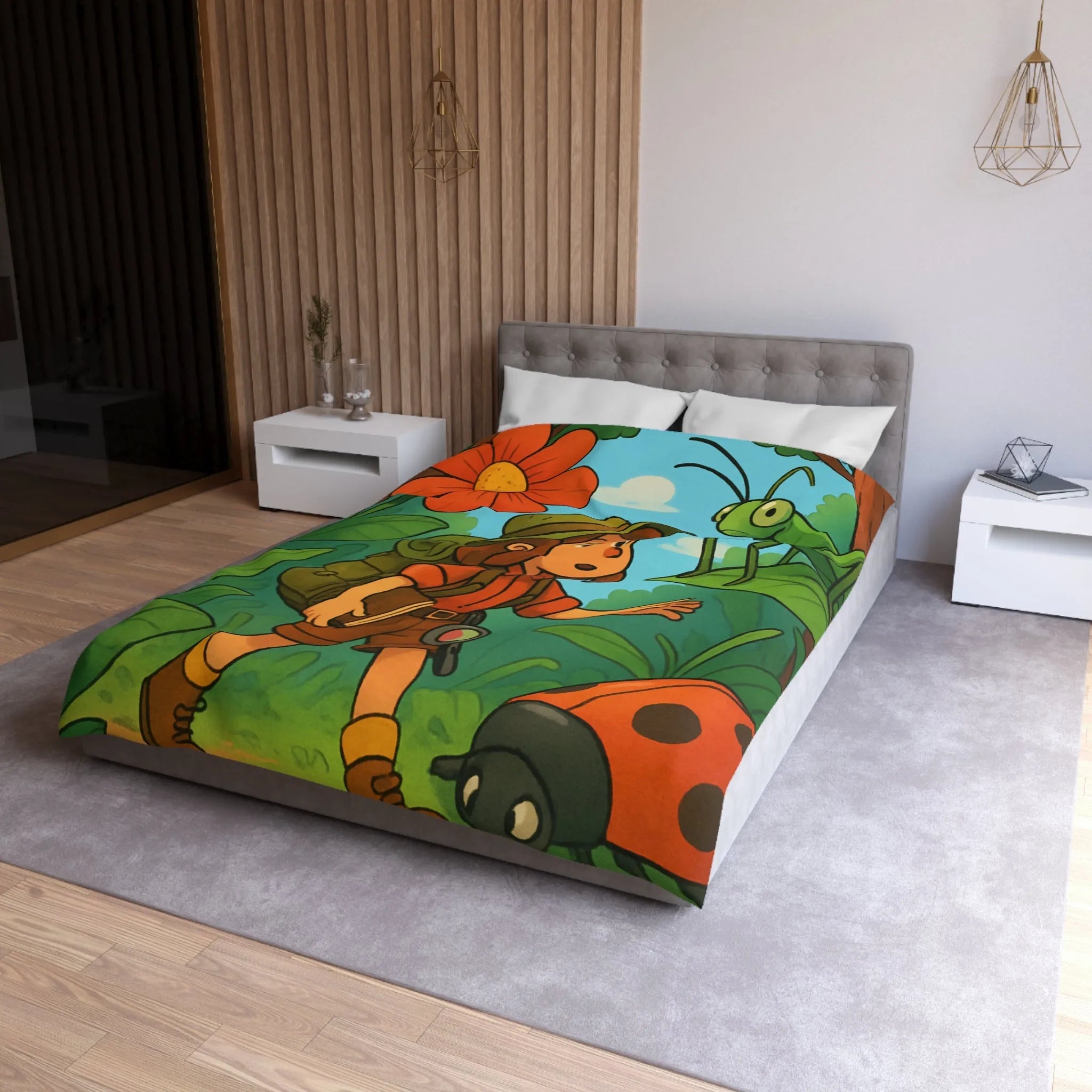 Housse de Couette Enfant Nature avec Exploratrice et Insectes Géants pour Aventure Ludiquement Colorée