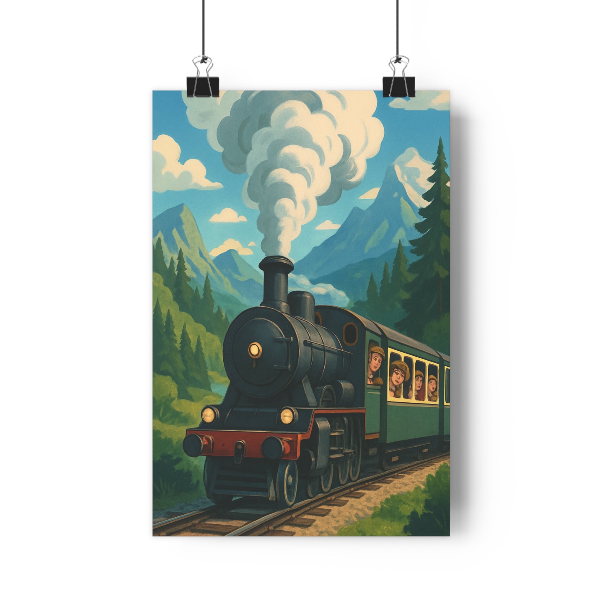 Poster décoratif aventure locomotive noir blanc vintage rétro salon bureau paysage montagneux forêt qualité