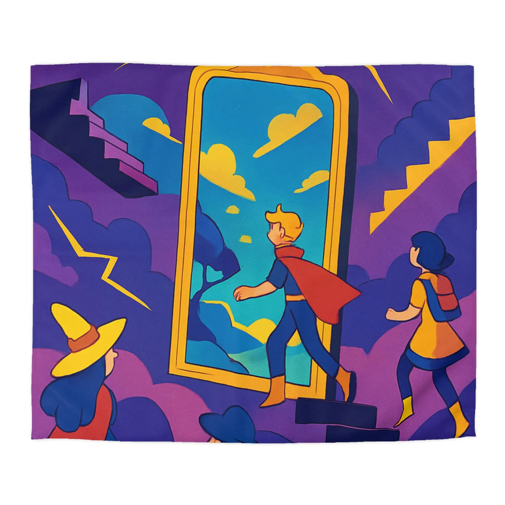 Housse de couette aventure magique avec personnages et miroir vers un monde fantastique