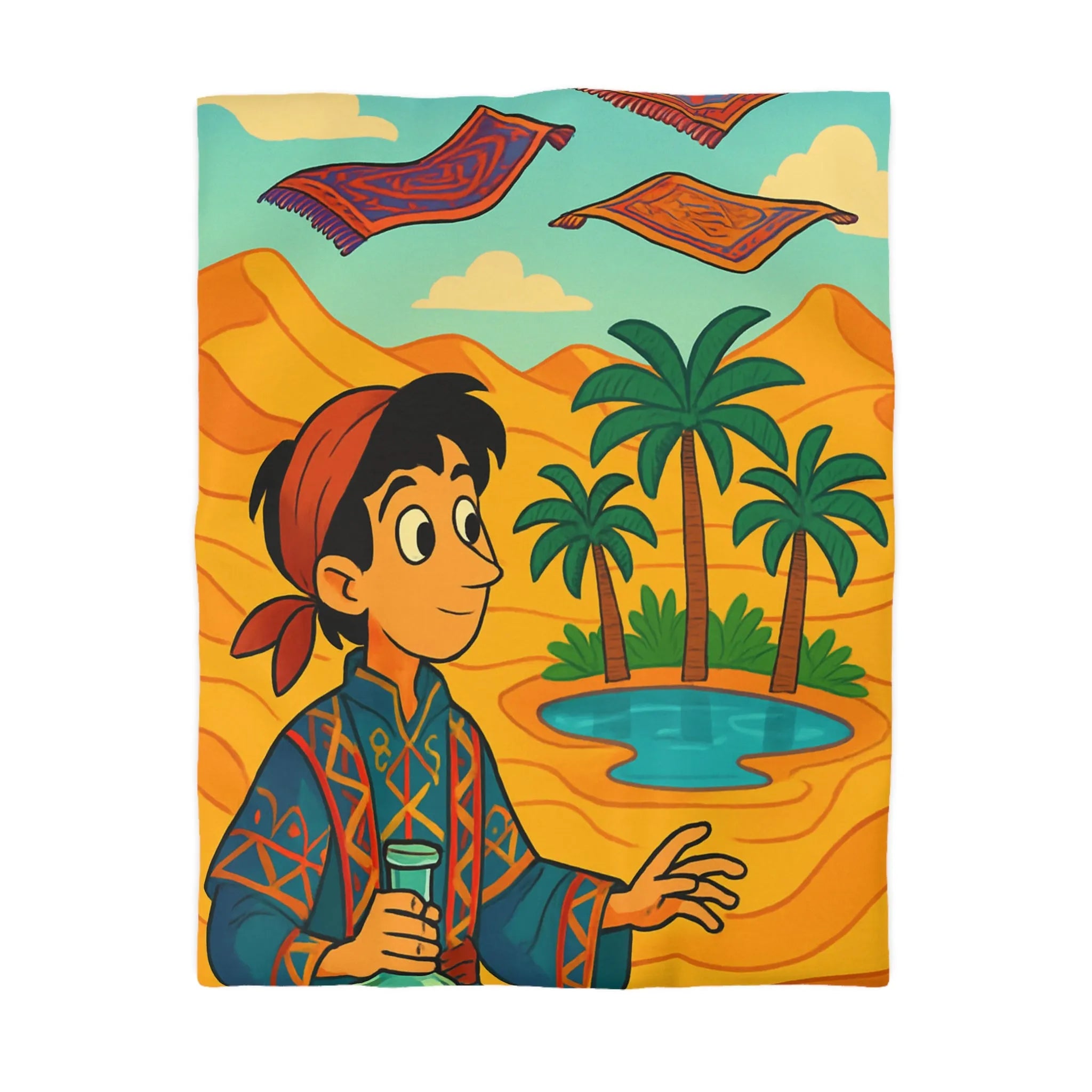 Housse de couette magique avec tapis volants et oasis sous ciel bleu désertique