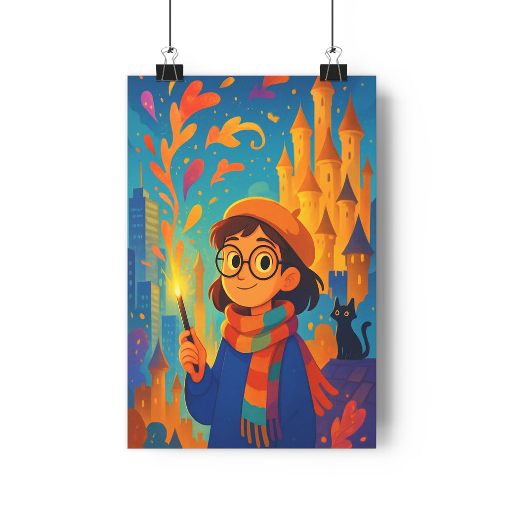 Poster décoratif magie urbaine orange bleu violet cartoon joyeux enfant salon moderne fantastique enchantement