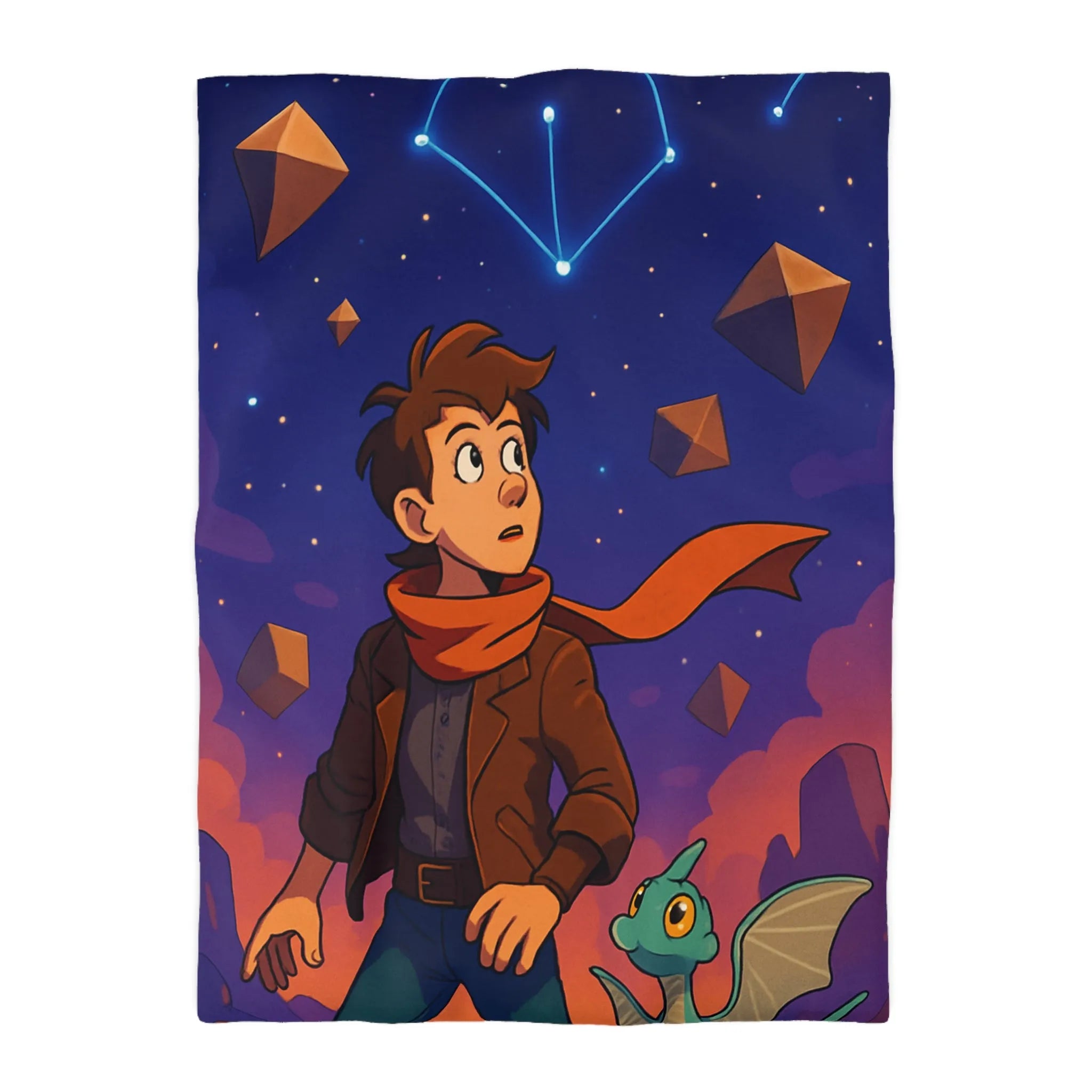 Housse de couette aventure nuit étoilée avec enfant et dragon mignon