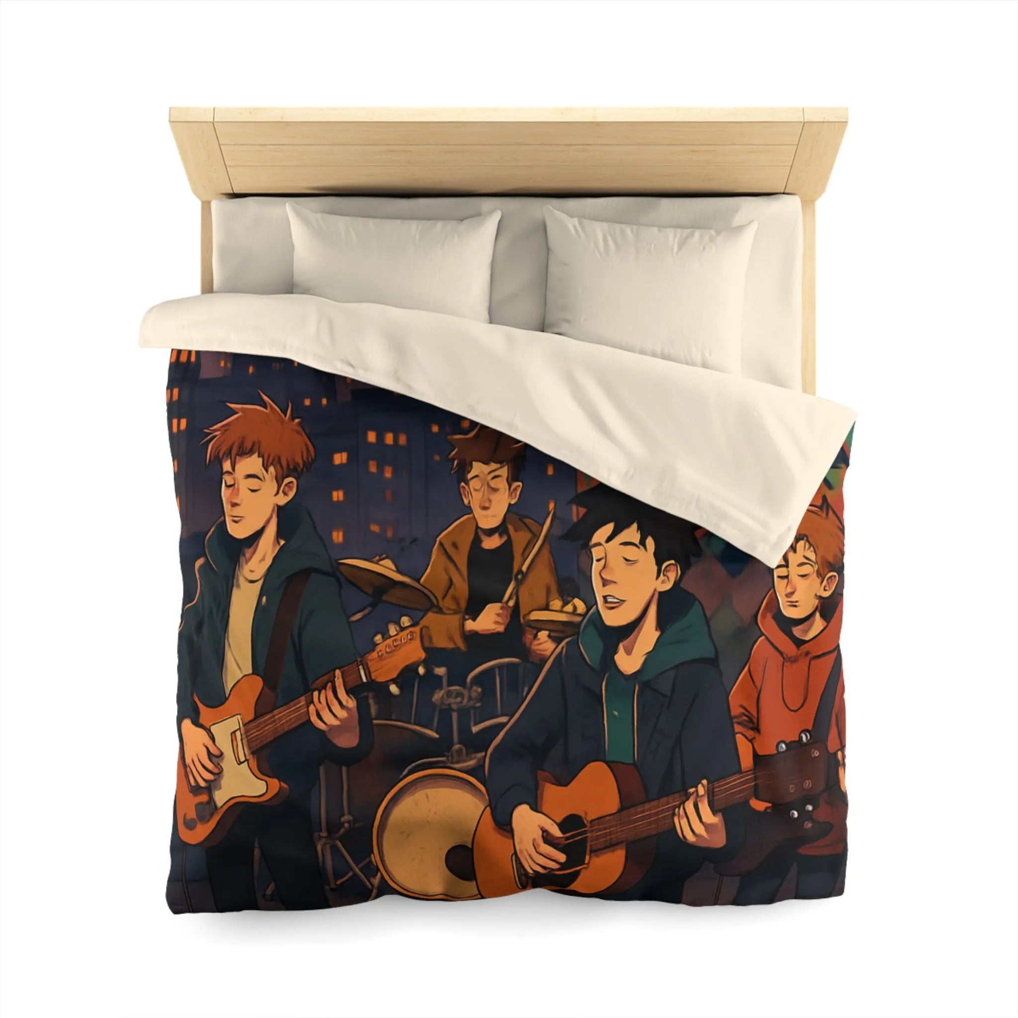 Housse de couette avec illustration de groupe jouant sur toit urbain au crépuscule