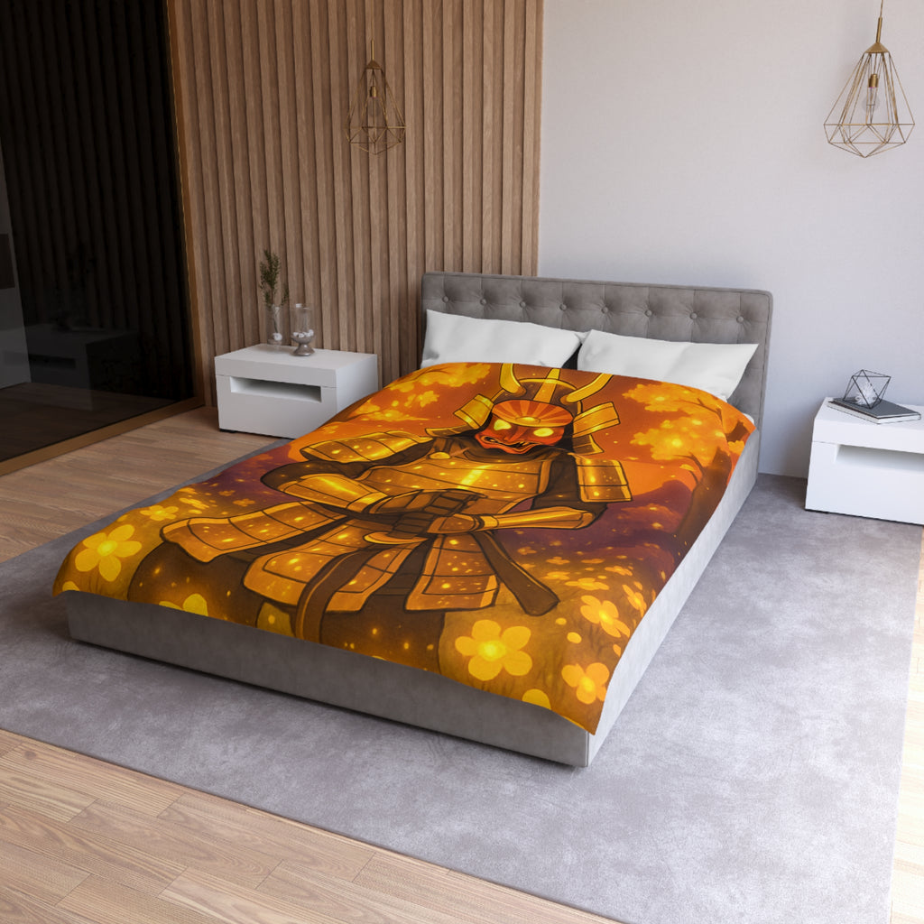 Housse de couette samouraï doré dans forêt magique, ambiance légendaire pour chambre zen