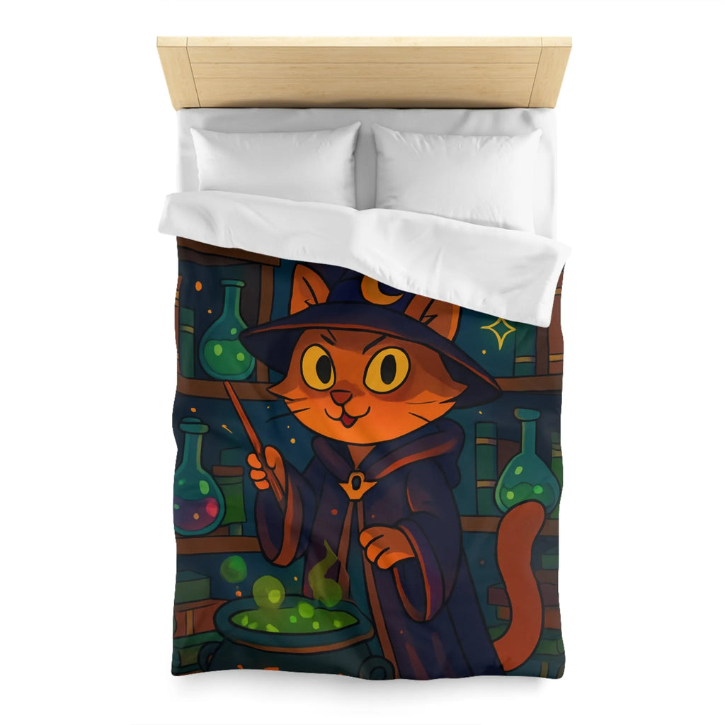 Housse de couette féline magique avec chat sorcier et chaudron dans bibliothèque colorée