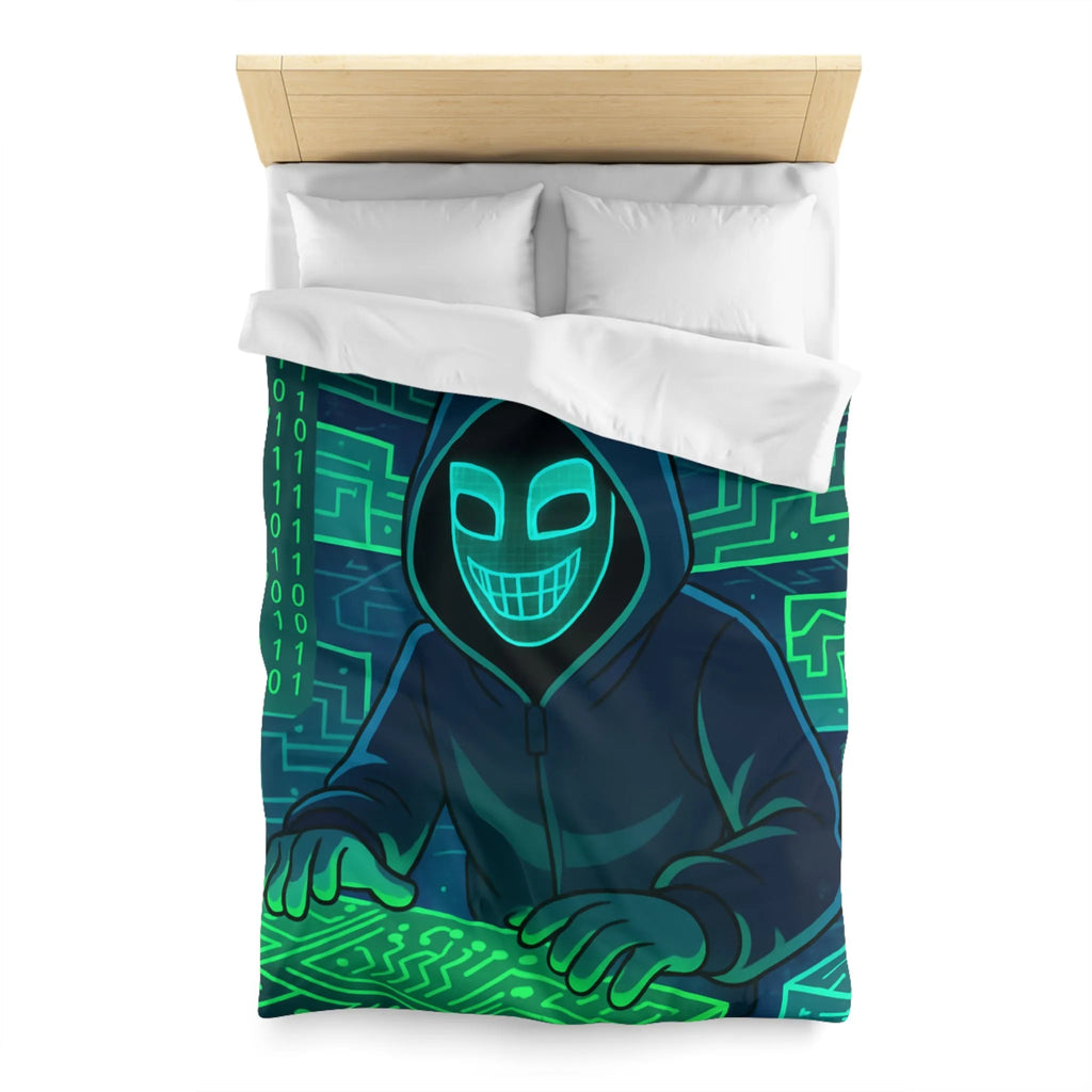 Housse de couette cyberpunk avec motif de hacker masqué et circuit numérique lumineux