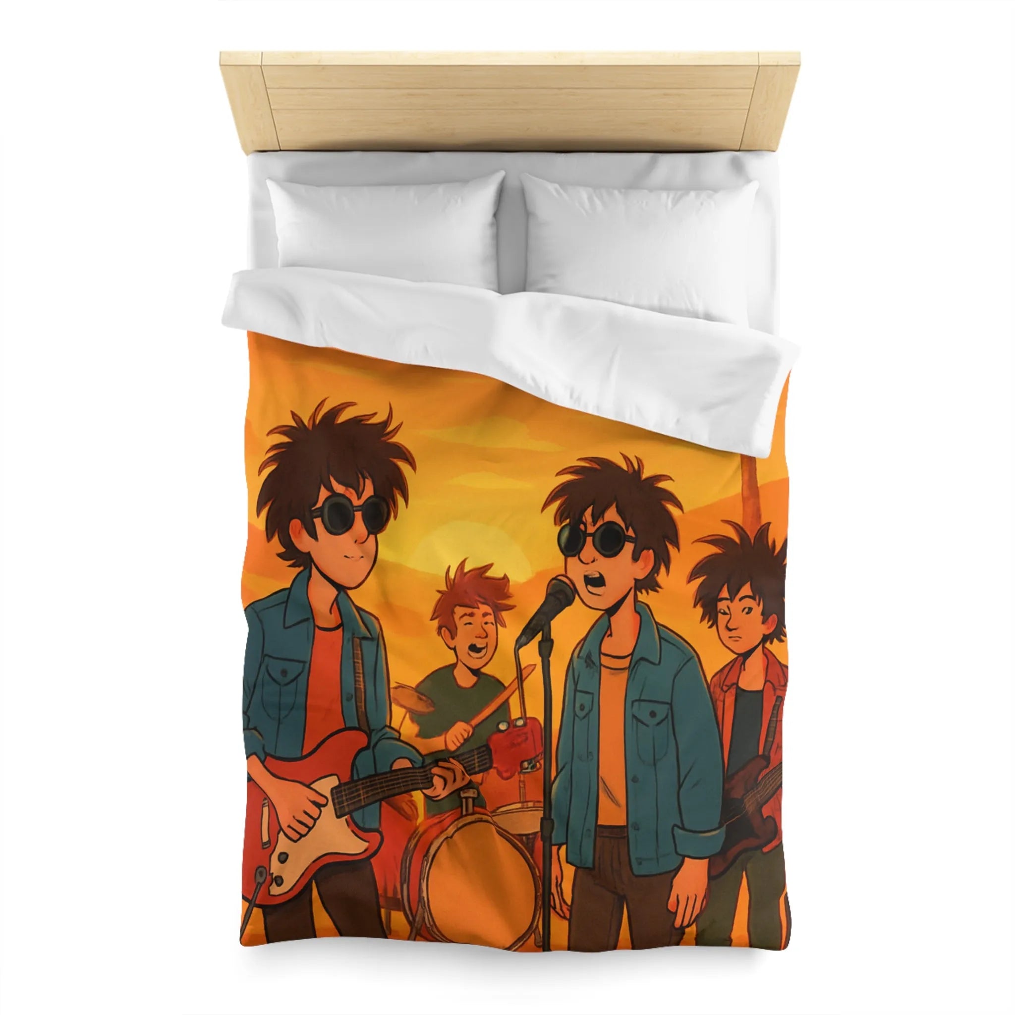Housse de couette ensoleillée avec musiciens, ambiance rétro pour chambres modernes et vintage