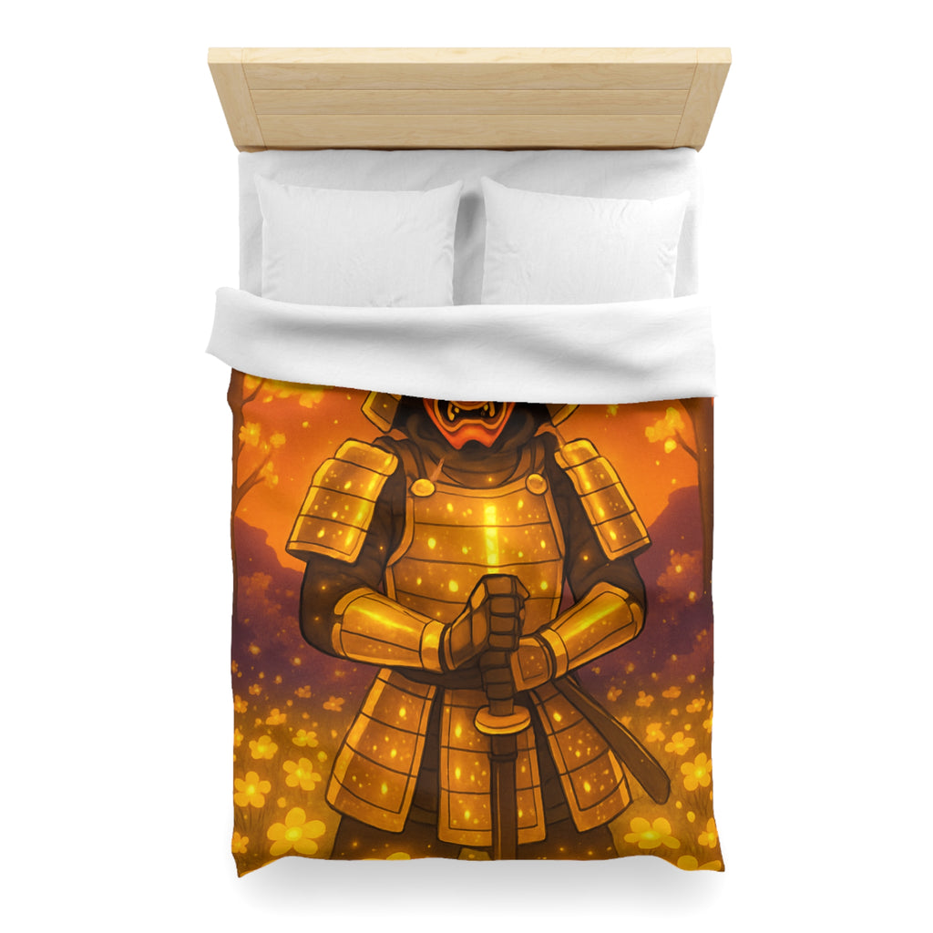 Housse de couette samouraï doré dans forêt magique, ambiance légendaire pour chambre zen