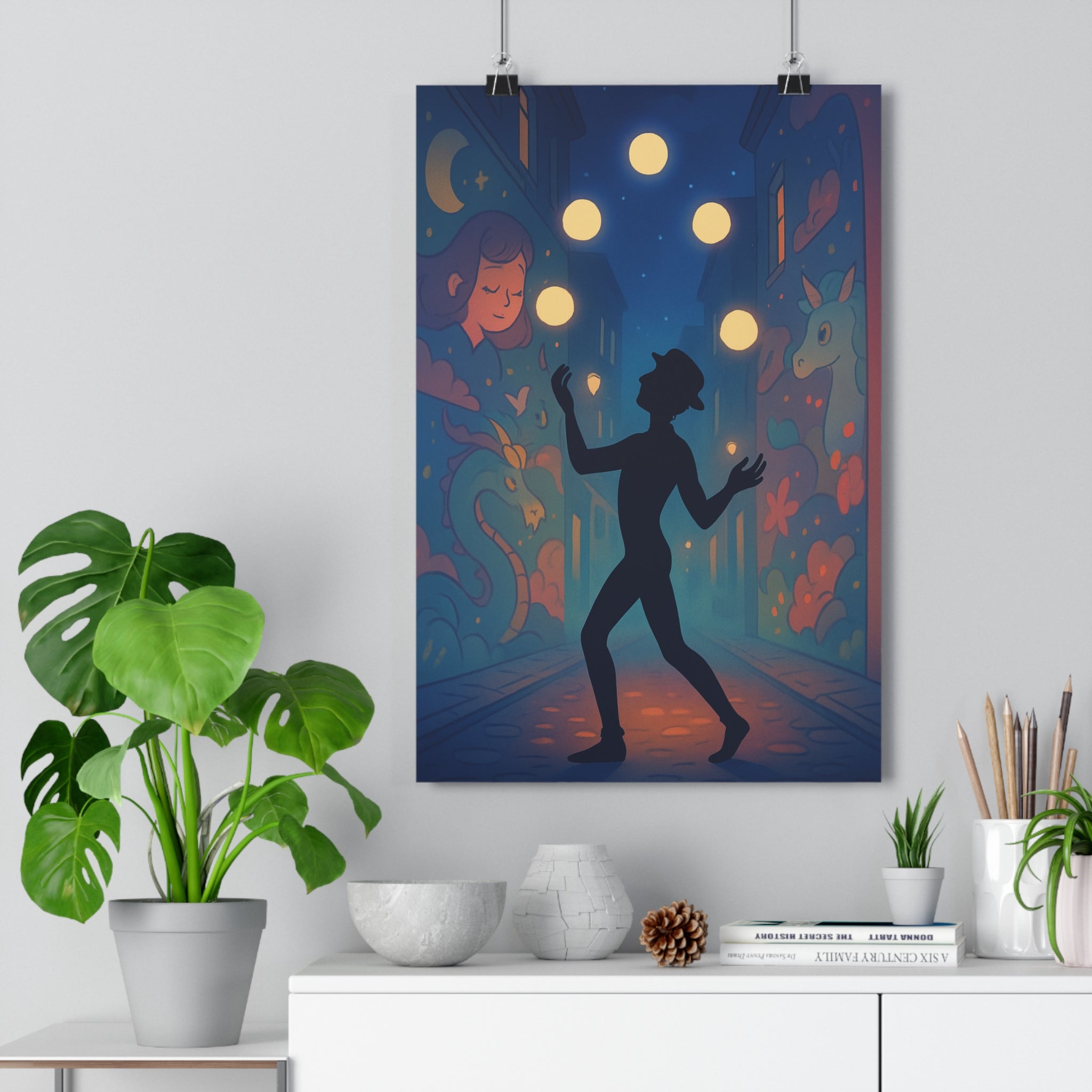 Poster décoratif artistique rêveur pastel mystique chambre salon mural illustration féminine dragon créature jonglerie