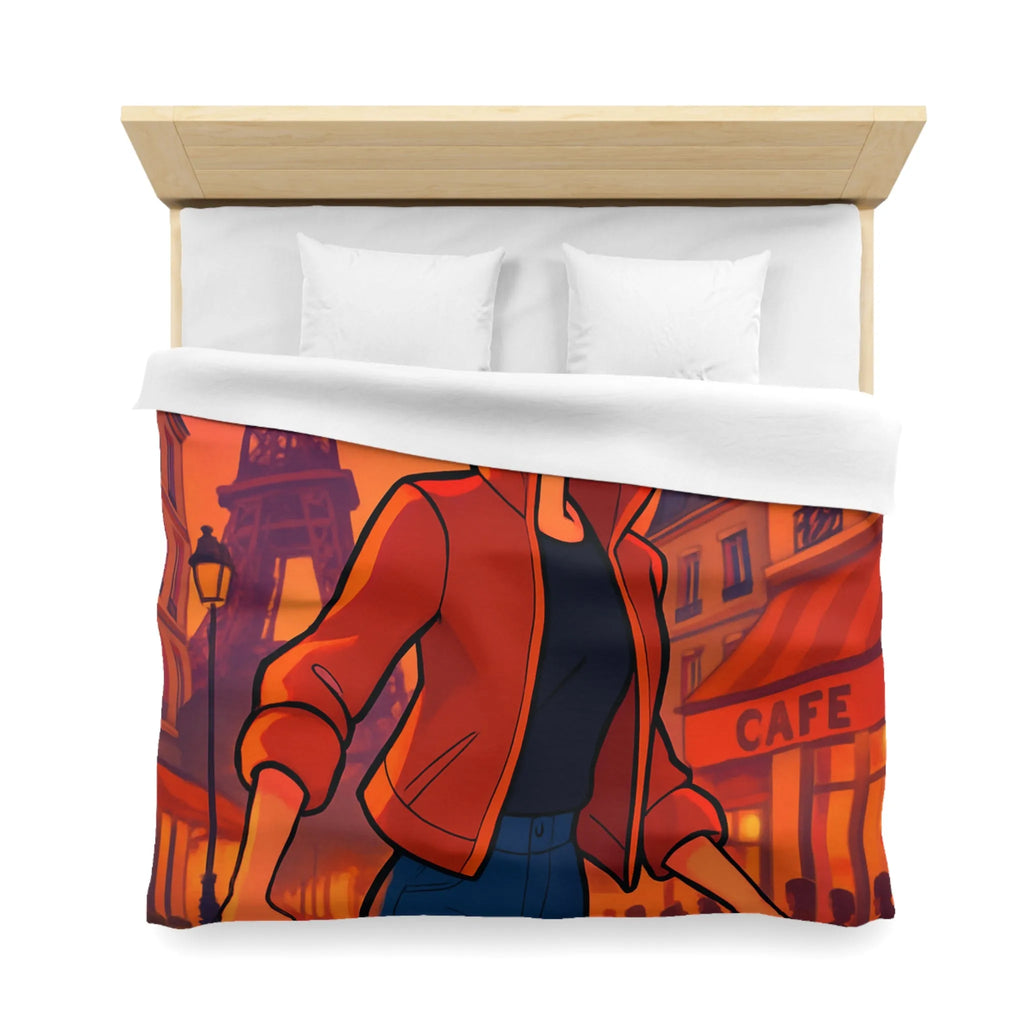 Housse de couette colorée avec illustration parisienne animée d'une silhouette joyeuse