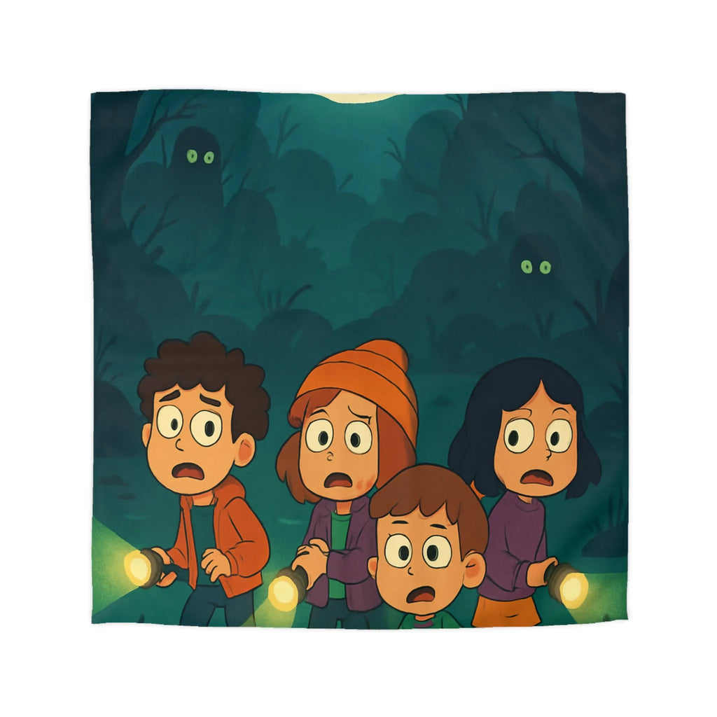 Housse de couette illustrée avec enfants explorant forêt mystérieuse par nuit de pleine lune