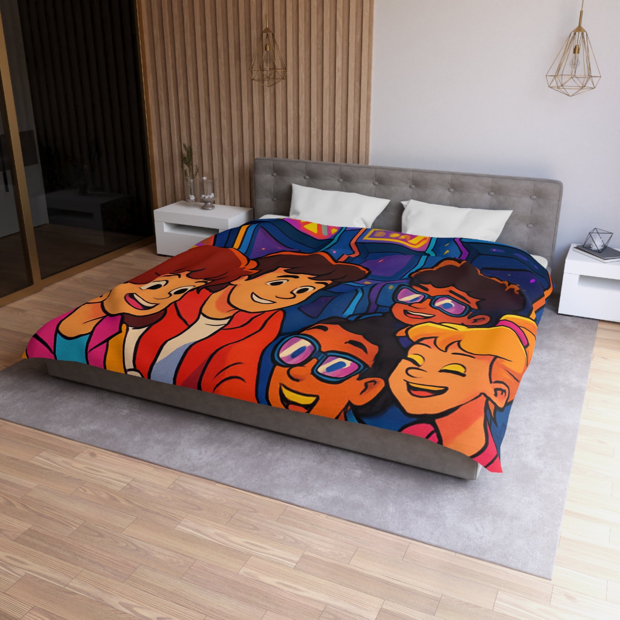 Housse de couette vibrante années 80 avec motifs arcades et ambiance rétro lumineuse