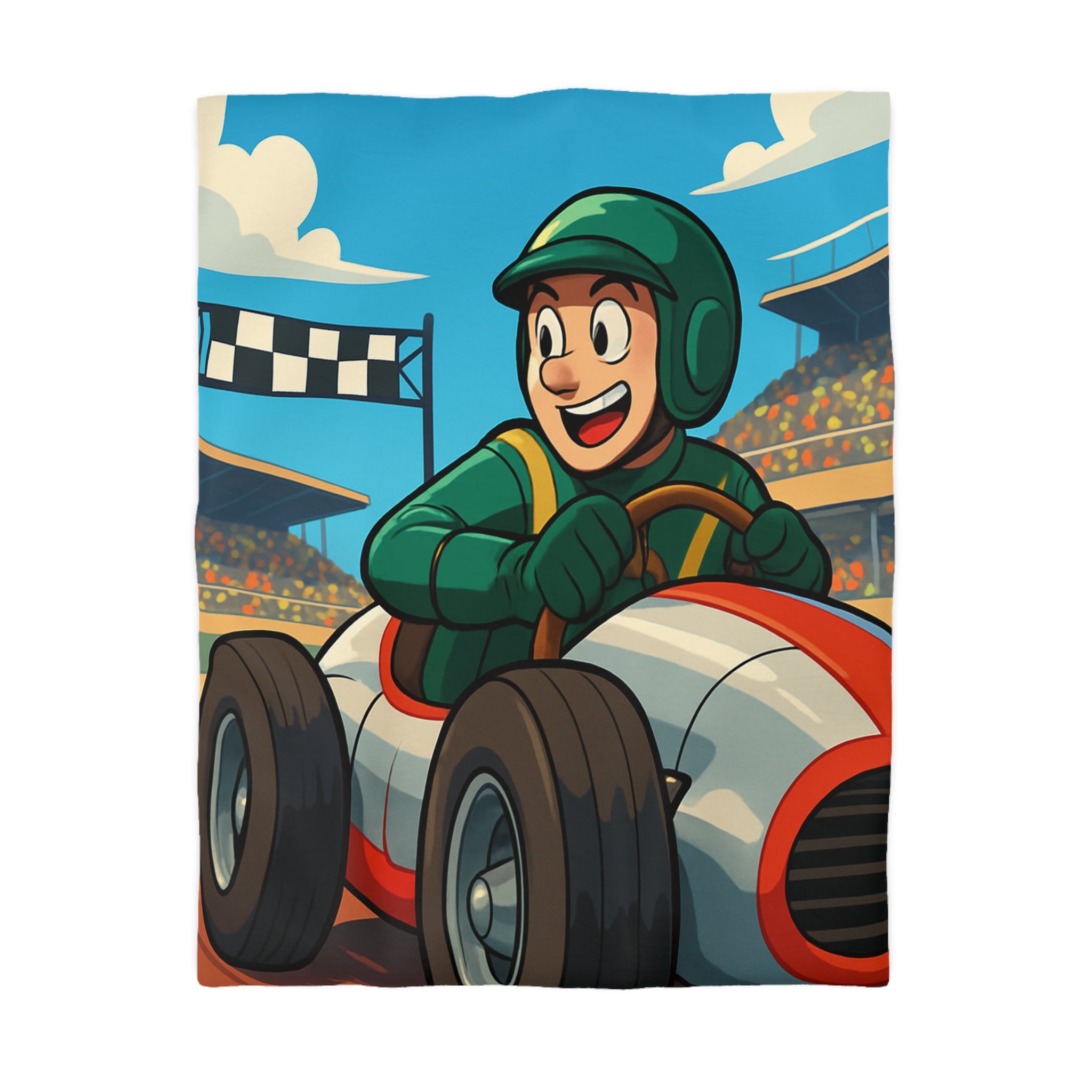 Housse de couette voiture de course pour enfants avec pilote souriant et piste