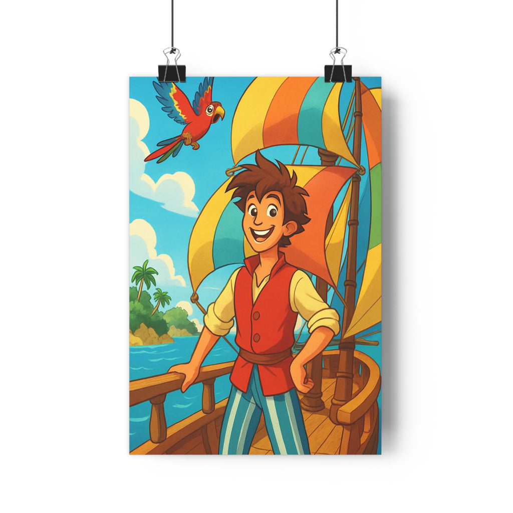 Poster décoratif enfant aventure mer joyeux perroquet coloré chambre navire île dynamique 30x46 cm
