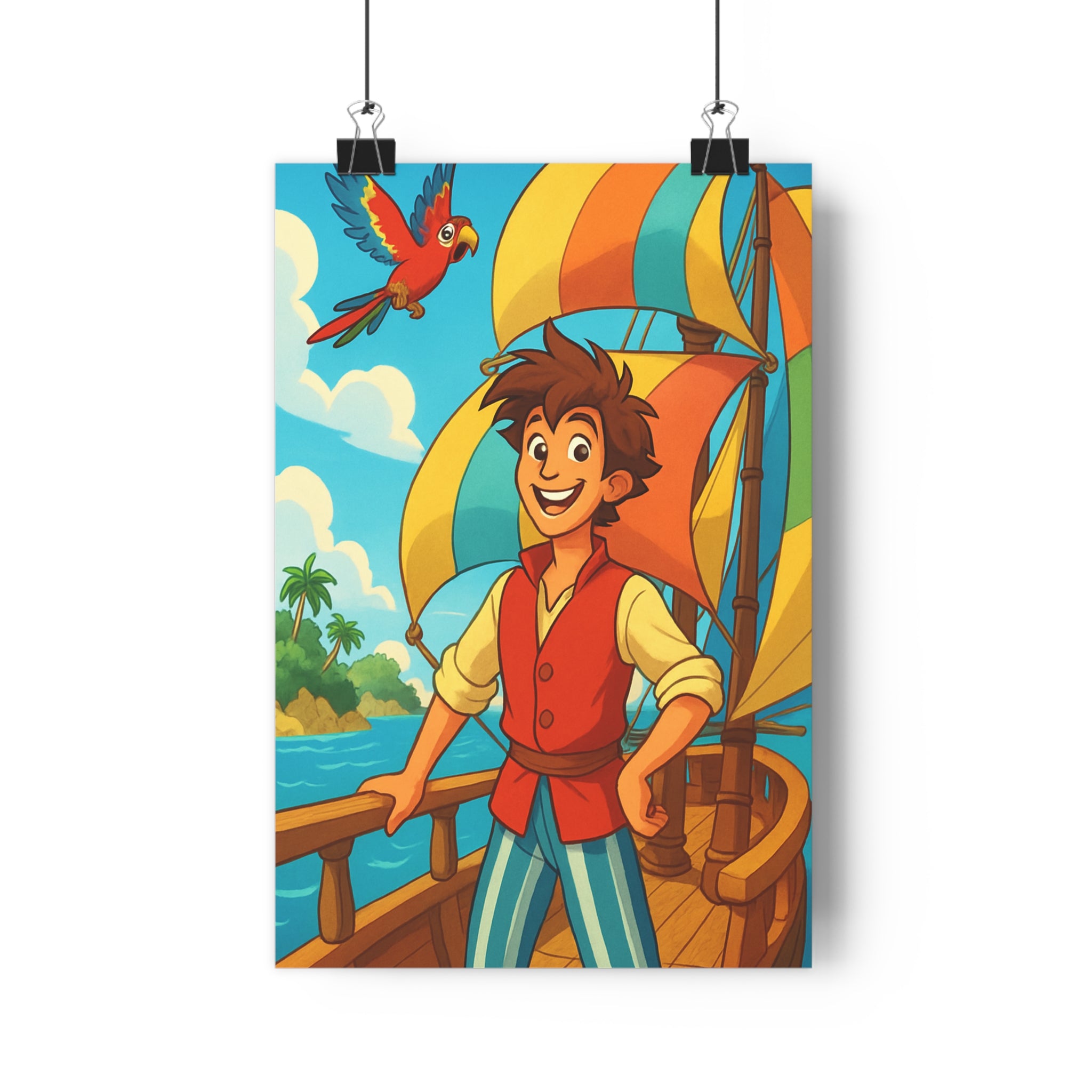 Poster décoratif enfant aventure mer joyeux perroquet coloré chambre navire île dynamique 30x46 cm