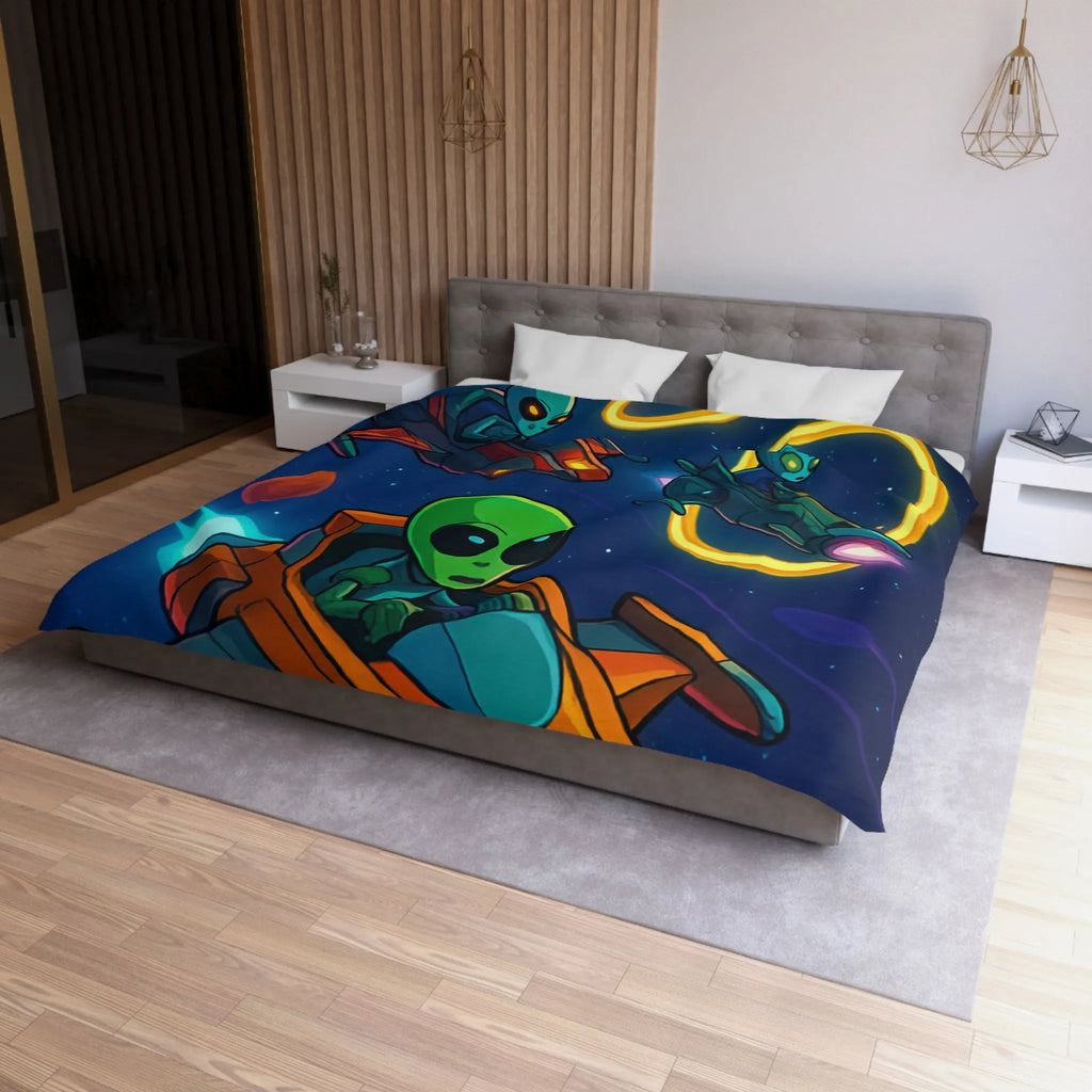 Housse de Couette avec Motifs d'Aliens en Course Spatiale et Anneaux Lumineux