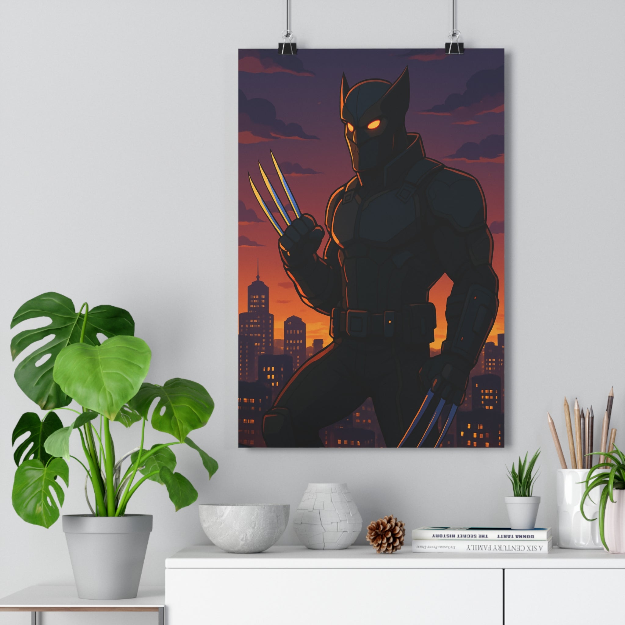 Poster décoratif silhouette sombre anime cyberpunk crépuscule orange violet futuriste chambre salon bureau qualité