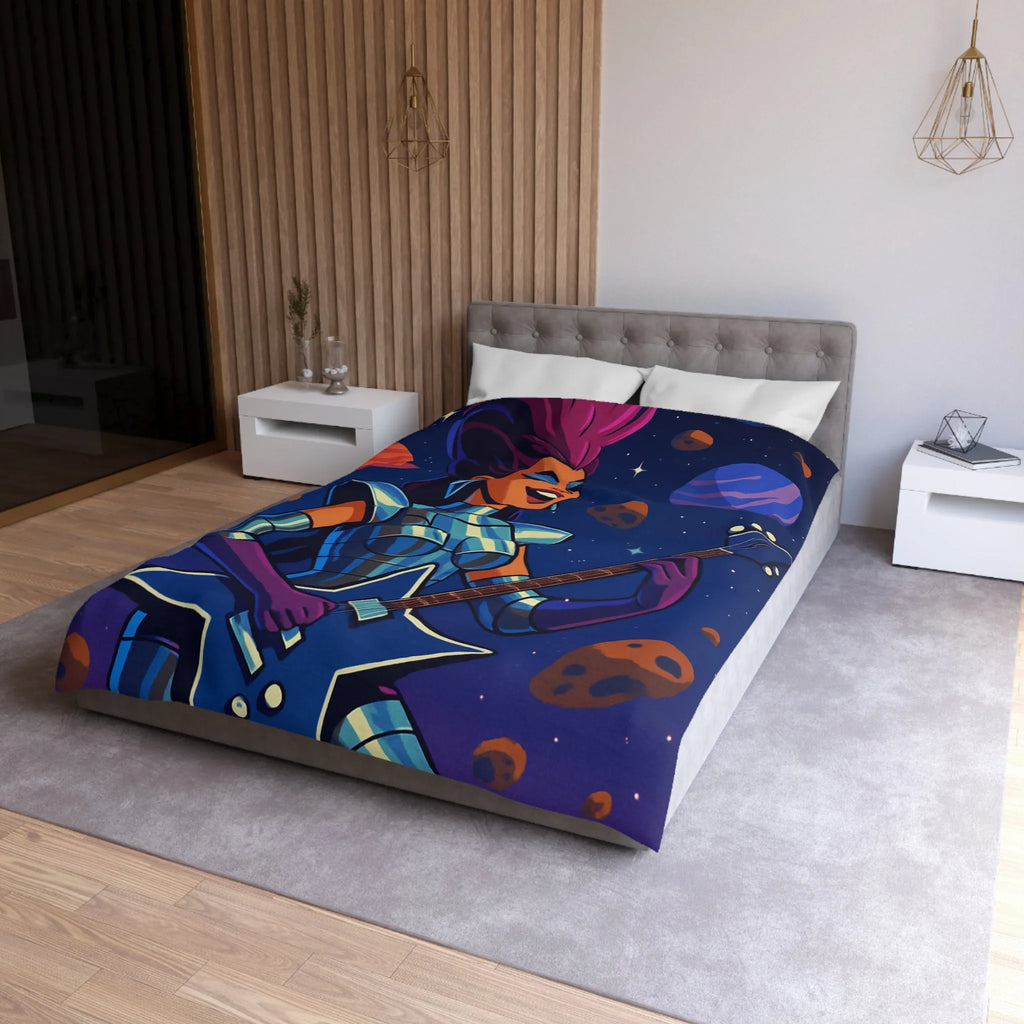 Housse de couette espace cosmique avec musicienne extraterrestre jouant de la guitare étoilée