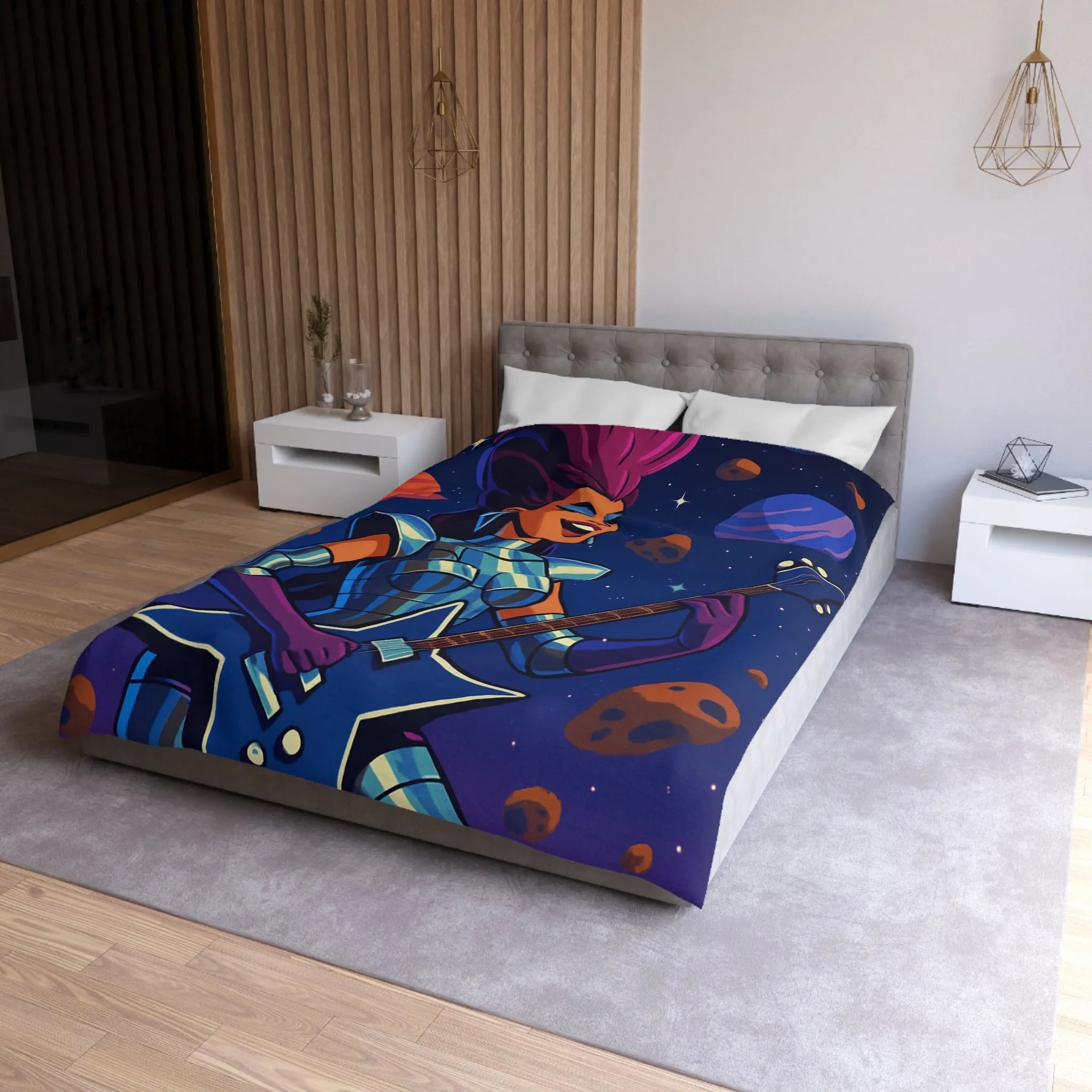 Housse de couette espace cosmique avec musicienne extraterrestre jouant de la guitare étoilée