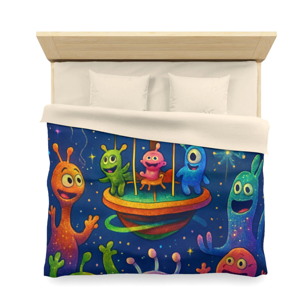 Housse de couette aux créatures extraterrestres colorées sous feux d'artifice et ballons colorés