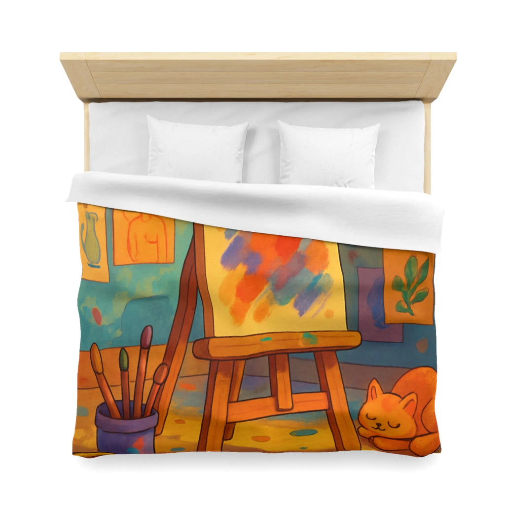 Housse de couette artistique colorée avec chevalet et chat pour une chambre cosy