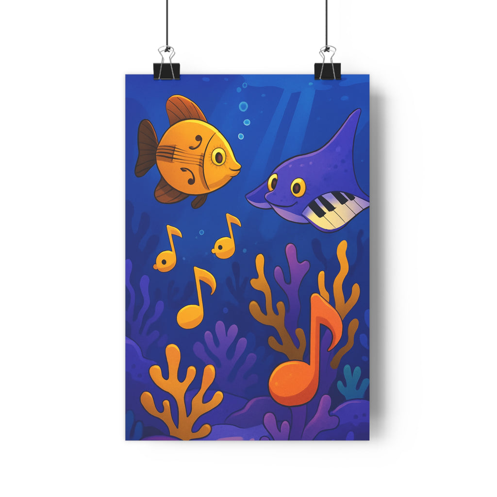 Poster décoratif cartoon sousmarin orange violet bleu musical chambre enfant joyeux coloré moderne unique