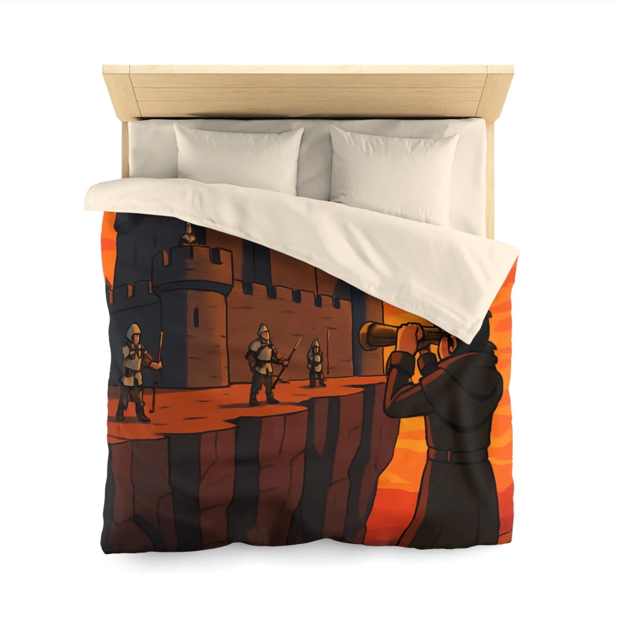 Housse de couette médiévale avec forteresse et observateur sous coucher de soleil épique