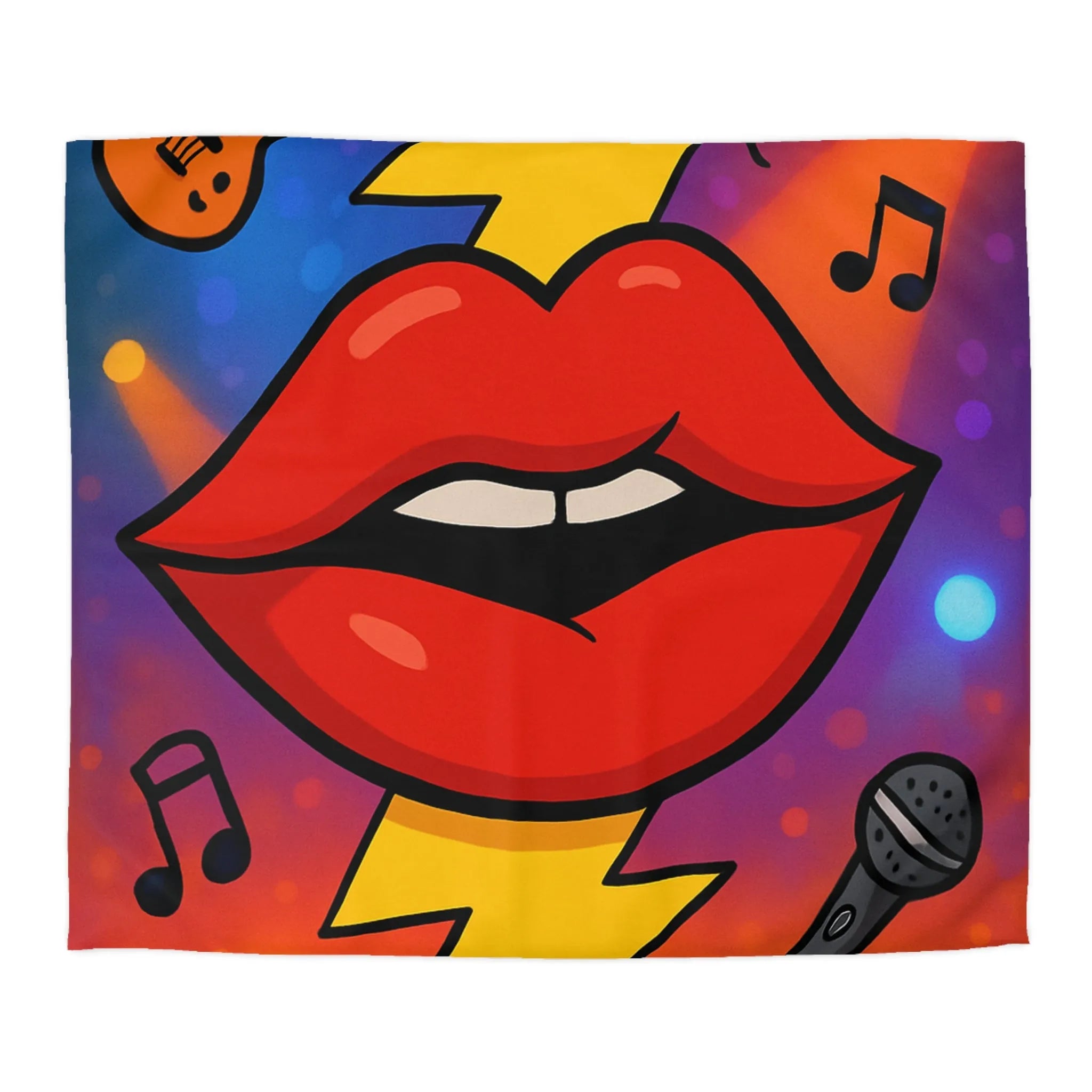 Housse de couette design rock multicolore avec lèvres éclairs, micros et guitares