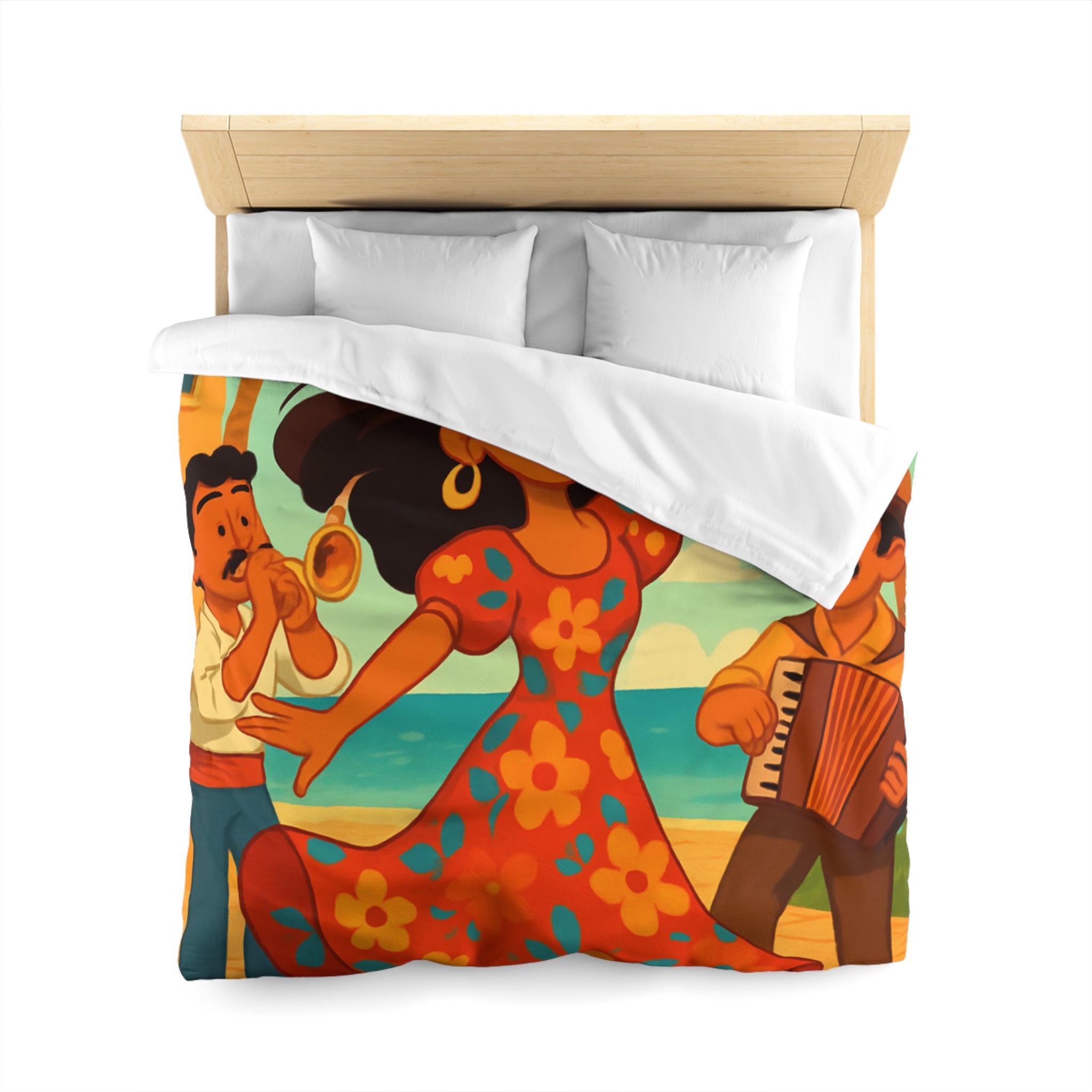 Housse de couette tropicale colorée avec danseuse et musiciens, ambiance joyeuse et festive